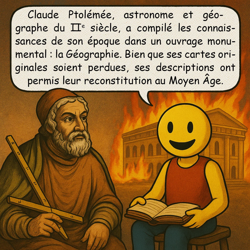 La carte de Ptolémée, case 2 : Claude Ptolémée, astronome et géographe du IIe siècle, a compilé les connaissances de son époque dans un ouvrage monumental : la Géographie. Bien que ses cartes originales soient perdues, ses descriptions ont permis leur reconstitution au Moyen Âge.