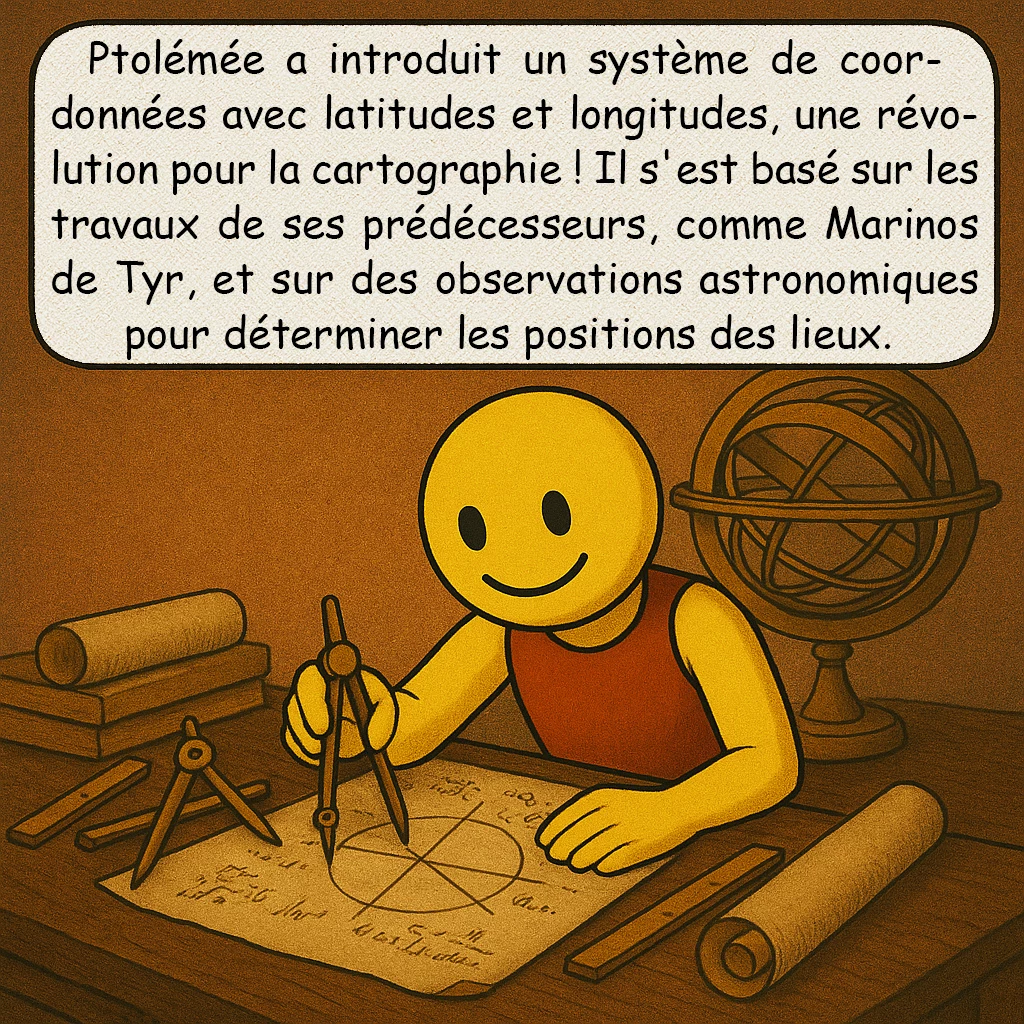 La carte de Ptolémée, case 3 : Ptolémée a introduit un système de coordonnées avec latitudes et longitudes, une révolution pour la cartographie ! Il s'est basé sur les travaux de ses prédécesseurs, comme Marinos de Tyr, et sur des observations astronomiques pour déterminer les positions des lieux.