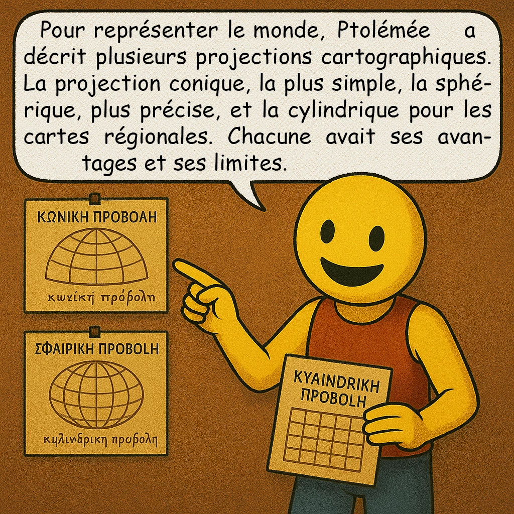 La carte de Ptolémée, case 4 : Pour représenter le monde, Ptolémée a décrit plusieurs projections cartographiques. La projection conique, la plus simple, la sphérique, plus précise, et la cylindrique pour les cartes régionales. Chacune avait ses avantages et ses limites.