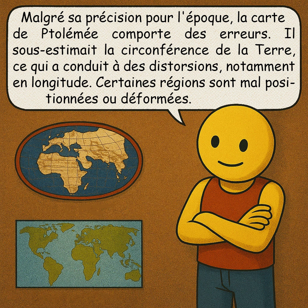La carte de Ptolémée, case 5 : Malgré sa précision pour l'époque, la carte de Ptolémée comporte des erreurs. Il sous-estimait la circonférence de la Terre, ce qui a conduit à des distorsions, notamment en longitude. Certaines régions sont mal positionnées ou déformées.