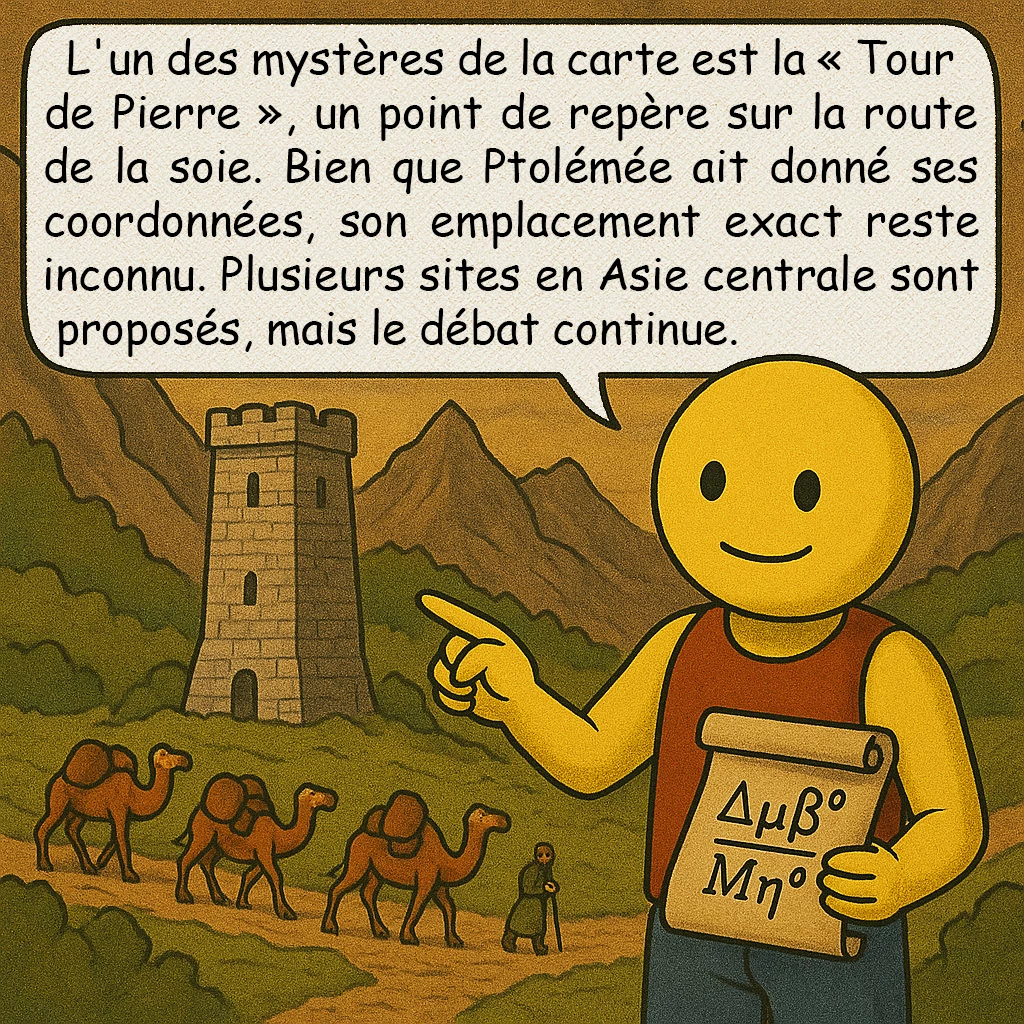 La carte de Ptolémée, case 6 : L'un des mystères de la carte est la « Tour de Pierre », un point de repère sur la route de la soie. Bien que Ptolémée ait donné ses coordonnées, son emplacement exact reste inconnu. Plusieurs sites en Asie centrale sont proposés, mais le débat continue.
