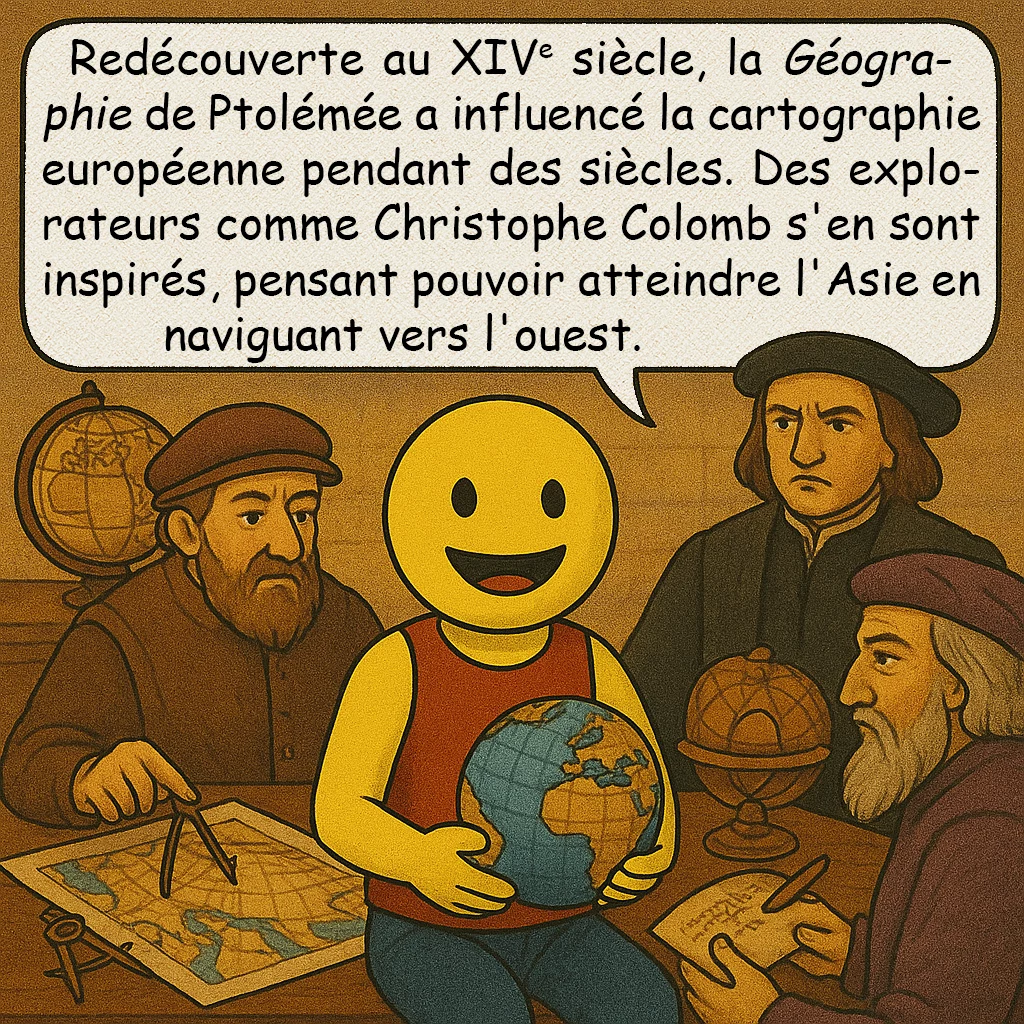 La carte de Ptolémée, case 7 : Redécouverte au XIVe siècle, la Géographie de Ptolémée a influencé la cartographie européenne pendant des siècles. Des explorateurs comme Christophe Colomb s'en sont inspirés, pensant pouvoir atteindre l'Asie en naviguant vers l'ouest.