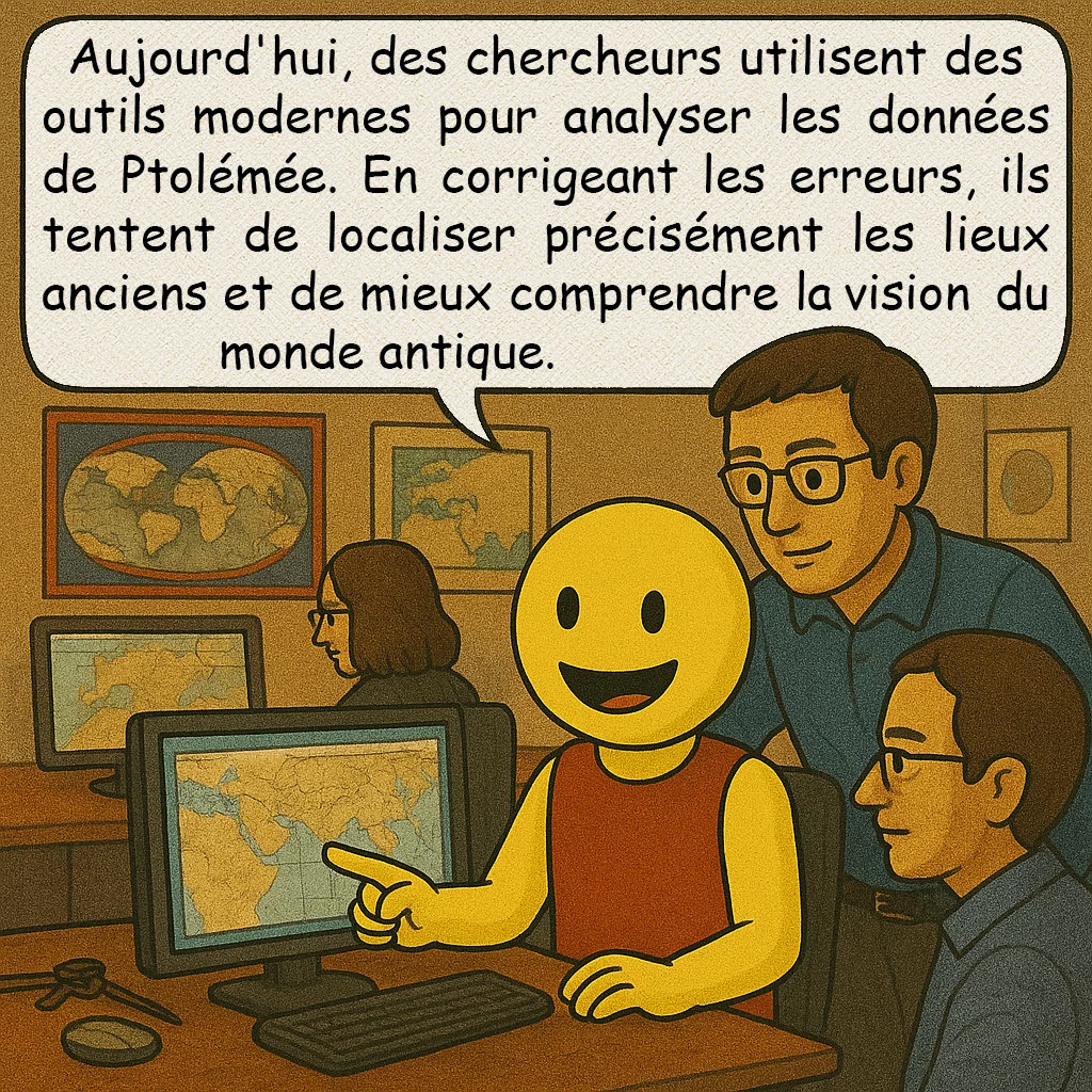 La carte de Ptolémée, case 8 : Aujourd'hui, des chercheurs utilisent des outils modernes pour analyser les données de Ptolémée. En corrigeant les erreurs, ils tentent de localiser précisément les lieux anciens et de mieux comprendre la vision du monde antique.