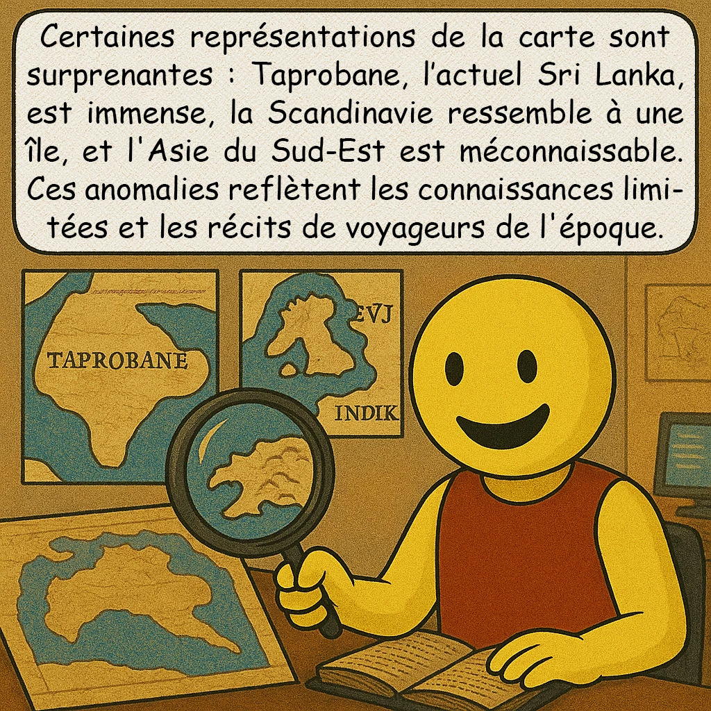 La carte de Ptolémée, case 9 : Certaines représentations de la carte sont surprenantes : Taprobane, l’actuel Sri Lanka, est immense, la Scandinavie ressemble à une île, et l'Asie du Sud-Est est méconnaissable. Ces anomalies reflètent les connaissances limitées et les récits de voyageurs de l'époque.