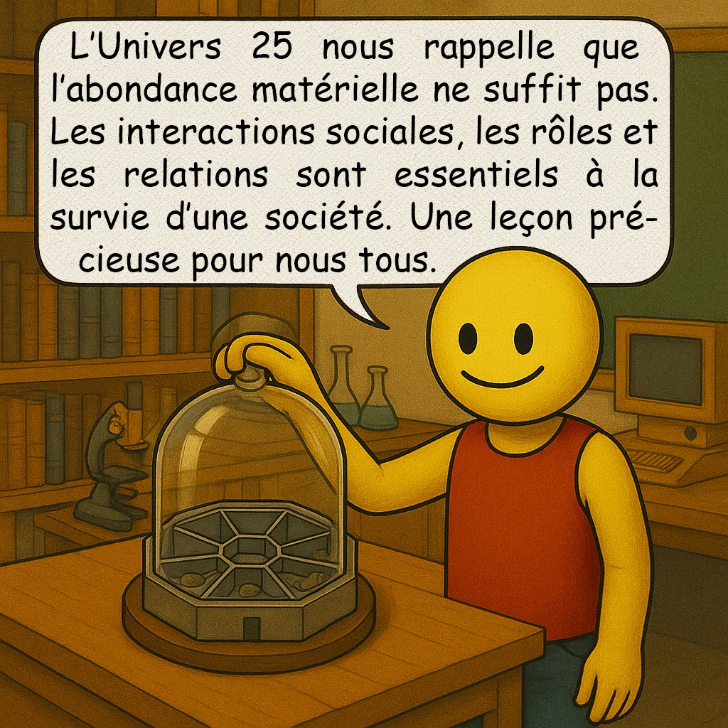 Univers 25, case 10 : Conclusion
L’Univers 25 nous rappelle que l’abondance matérielle ne suffit pas. Les interactions sociales, les rôles et les relations sont essentiels à la survie d’une société. Une leçon précieuse pour nous tous.