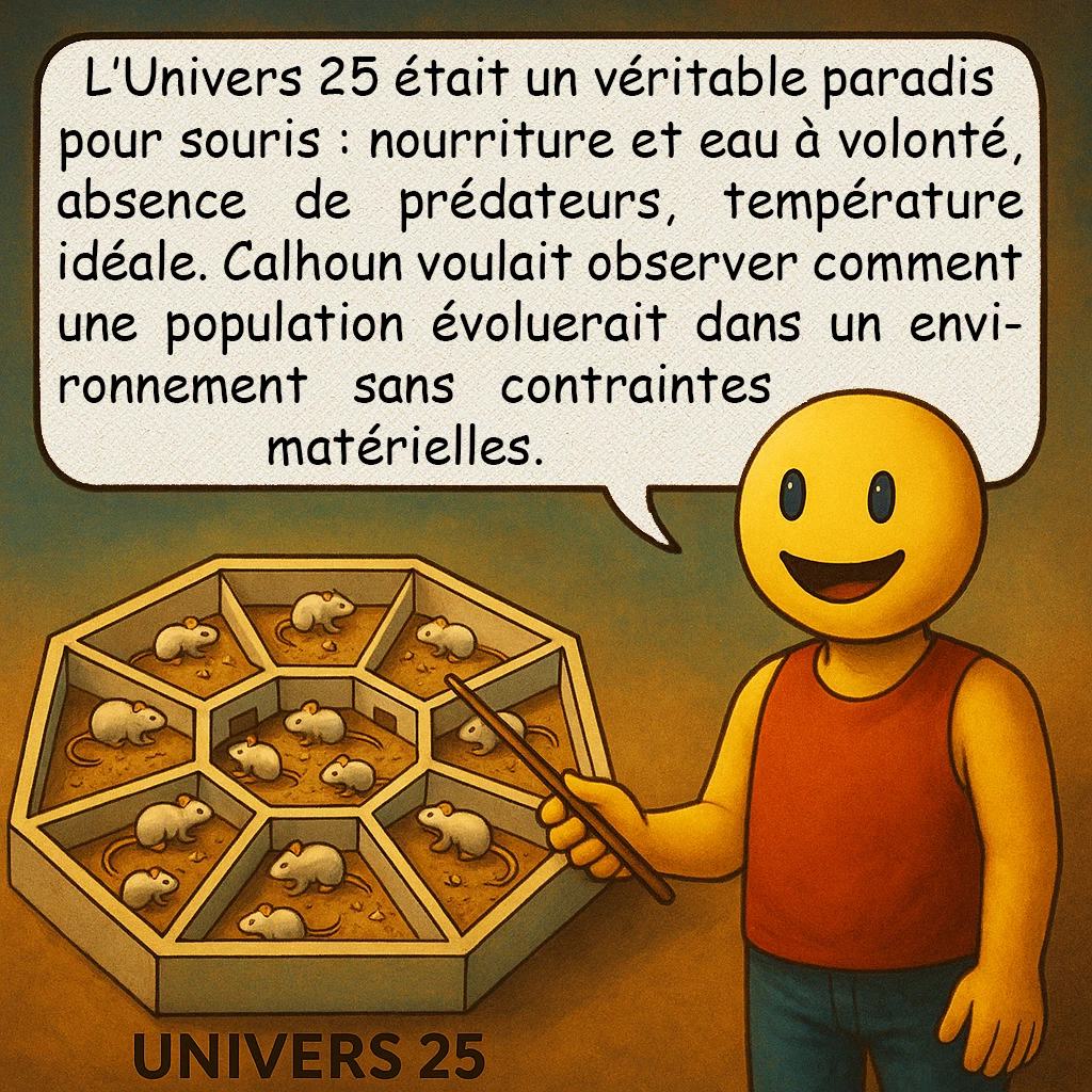Univers 25, case 2 : Le concept de l’Univers 25
L’Univers 25 était un véritable paradis pour souris : nourriture et eau à volonté, absence de prédateurs, température idéale. Calhoun voulait observer comment une population évoluerait dans un environnement sans contraintes matérielles.