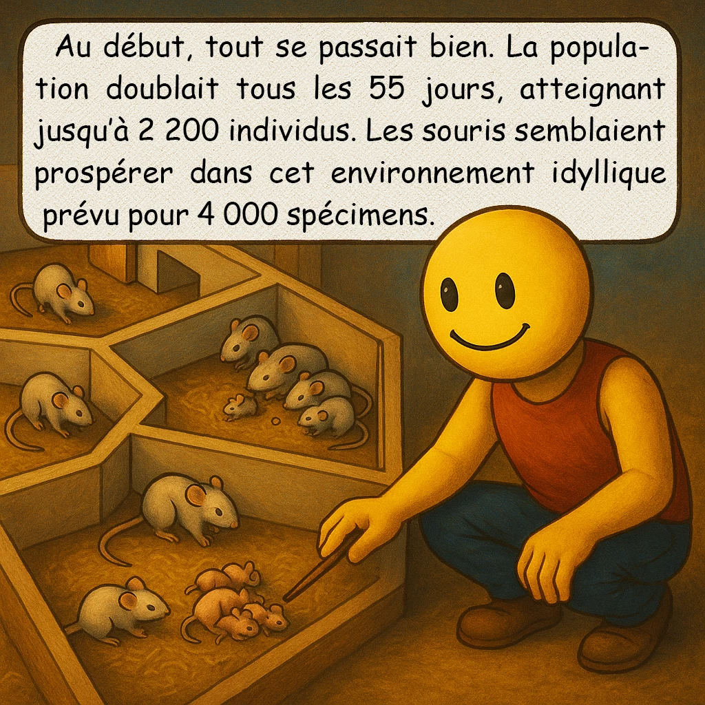 Univers 25, case 3 : La phase de croissance
Au début, tout se passait bien. La population doublait tous les 55 jours, atteignant jusqu’à 2 200 individus. Les souris semblaient prospérer dans cet environnement idyllique prévu pour 4 000 spécimens.
