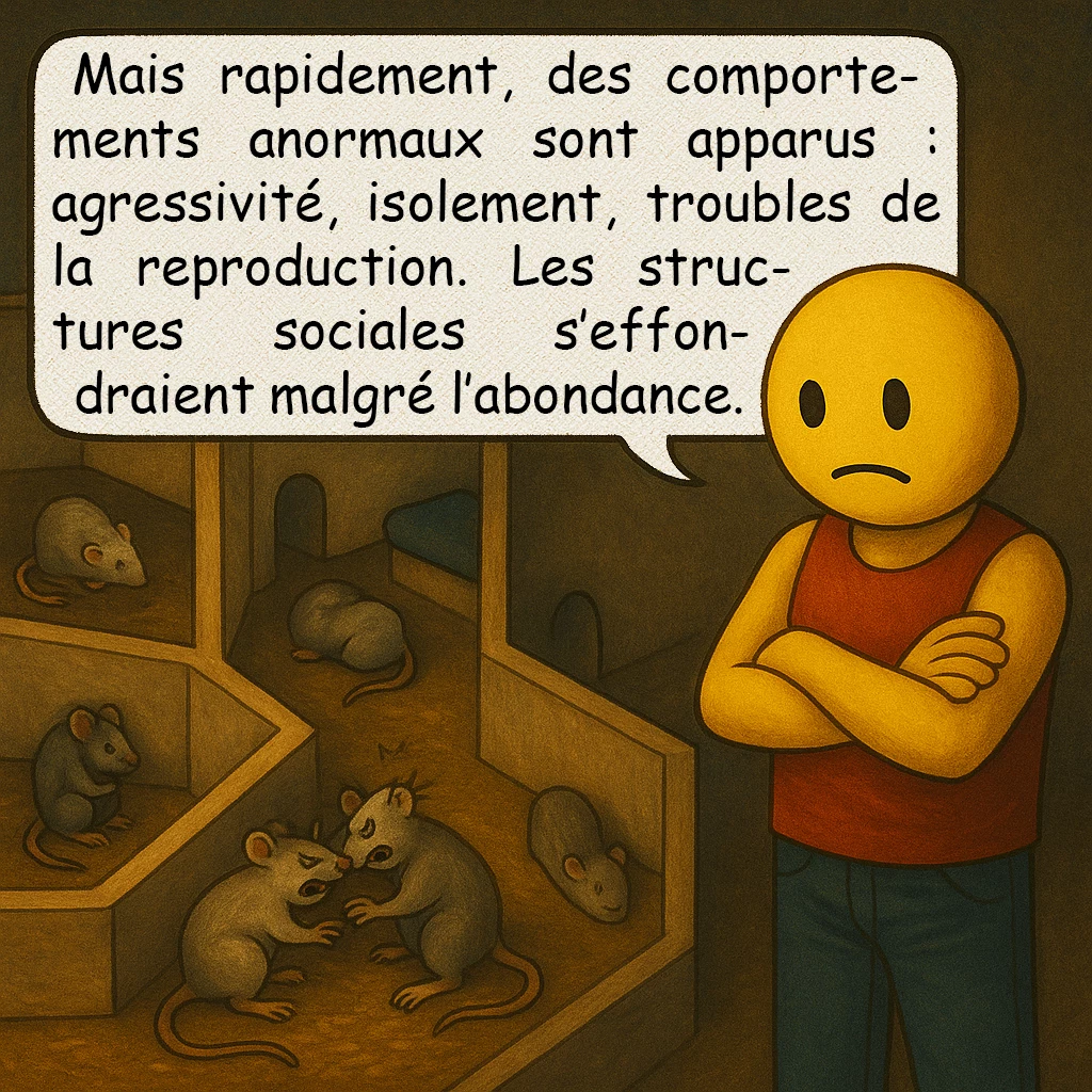 Univers 25, case 4 : Les premiers signes de troubles
Mais rapidement, des comportements anormaux sont apparus : agressivité, isolement, troubles de la reproduction. Les structures sociales s’effondraient malgré l’abondance.