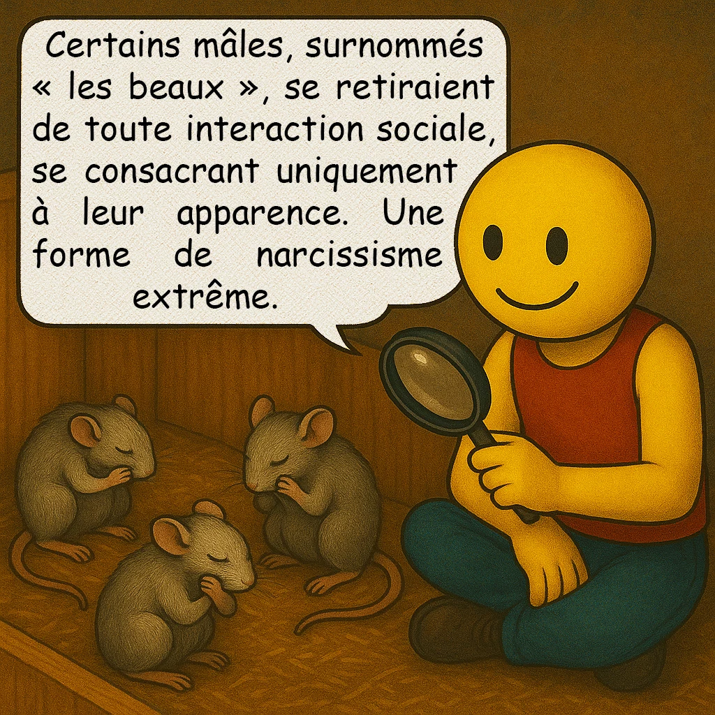 Univers 25, case 6 : L’émergence des "beaux"
Certains mâles, surnommés « les beaux », se retiraient de toute interaction sociale, se consacrant uniquement à leur apparence. Une forme de narcissisme extrême.