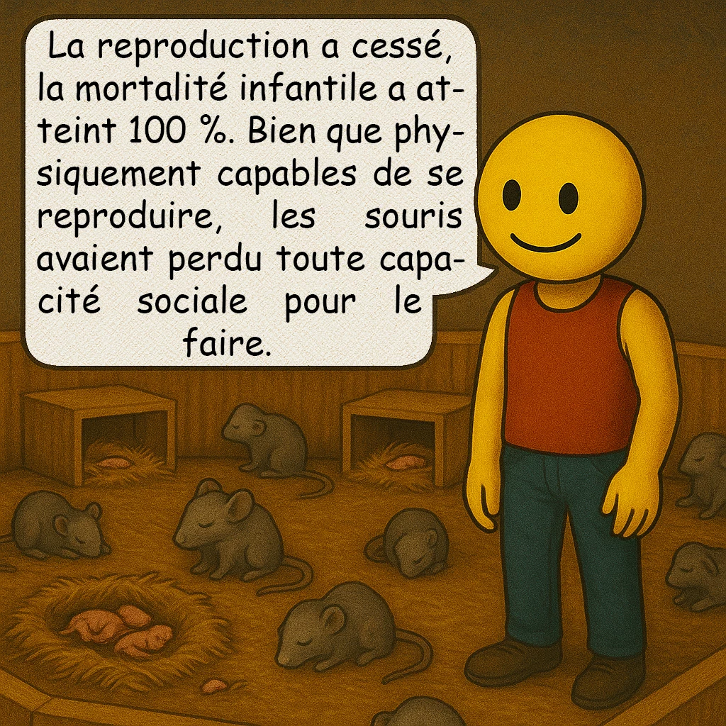 Univers 25, case 7 : Le déclin irréversible
La reproduction a cessé, la mortalité infantile a atteint 100 %. Bien que physiquement capables de se reproduire, les souris avaient perdu toute capacité sociale pour le faire.
