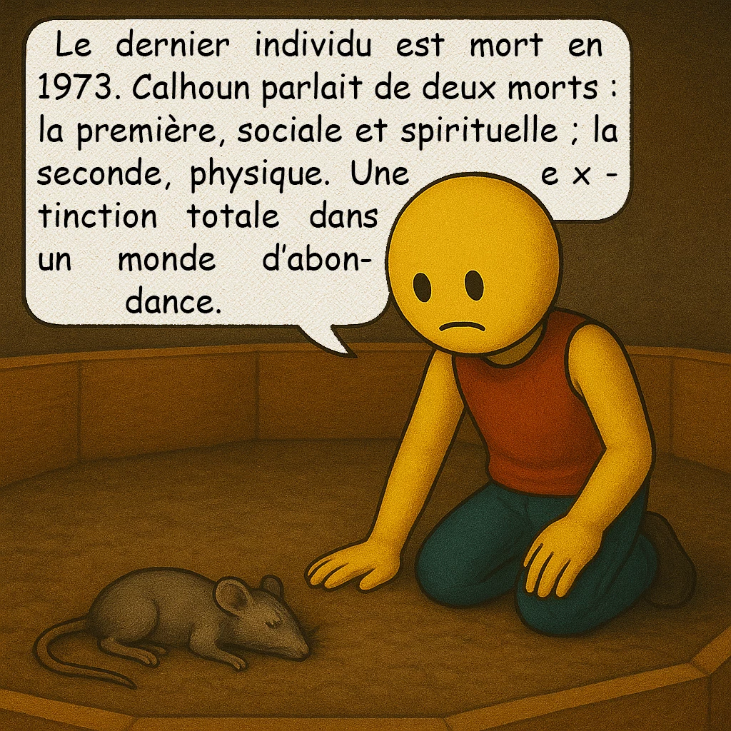 Univers 25, case 8 : La fin de l’Univers 25
Le dernier individu est mort en 1973. Calhoun parlait de deux morts : la première, sociale et spirituelle ; la seconde, physique. Une extinction totale dans un monde d’abondance.