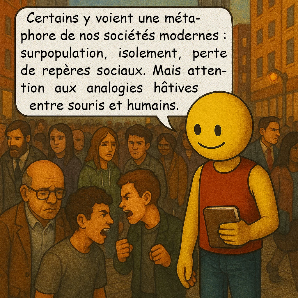Univers 25, case 9 : Les interprétations humaines
Certains y voient une métaphore de nos sociétés modernes : surpopulation, isolement, perte de repères sociaux. Mais attention aux analogies hâtives entre souris et humains.