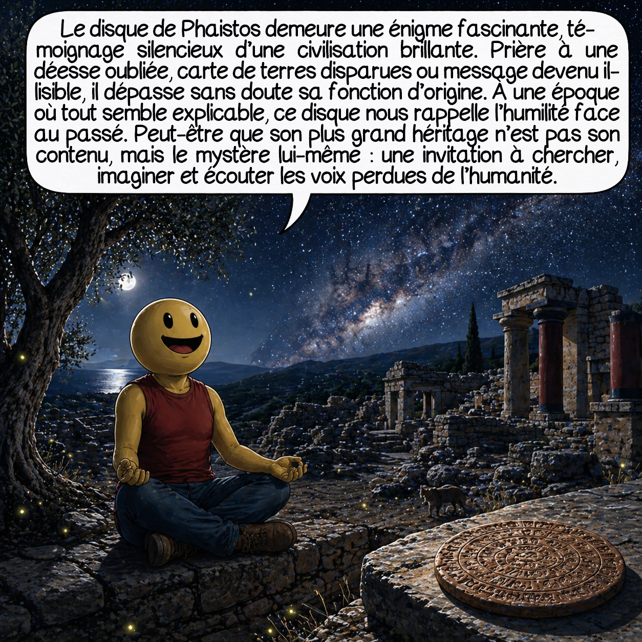 Le disque de Phaistos, case 10 : Le disque de Phaistos demeure une énigme captivante, témoignage silencieux d’une civilisation brillante. Prière à une déesse oubliée, carte de terres disparues, ou message que nous ne savons plus lire, il transcende sa fonction originelle. Dans notre époque où tout semble déchiffrable et quantifiable, ce disque nous enseigne l’humilité face au passé. Peut-être son plus grand don n’est-il pas dans son message, mais dans le mystère lui-même : une invitation perpétuelle à chercher, imaginer, et respecter les voix perdues de l’humanité. Le silence du disque est finalement sa plus éloquente leçon.