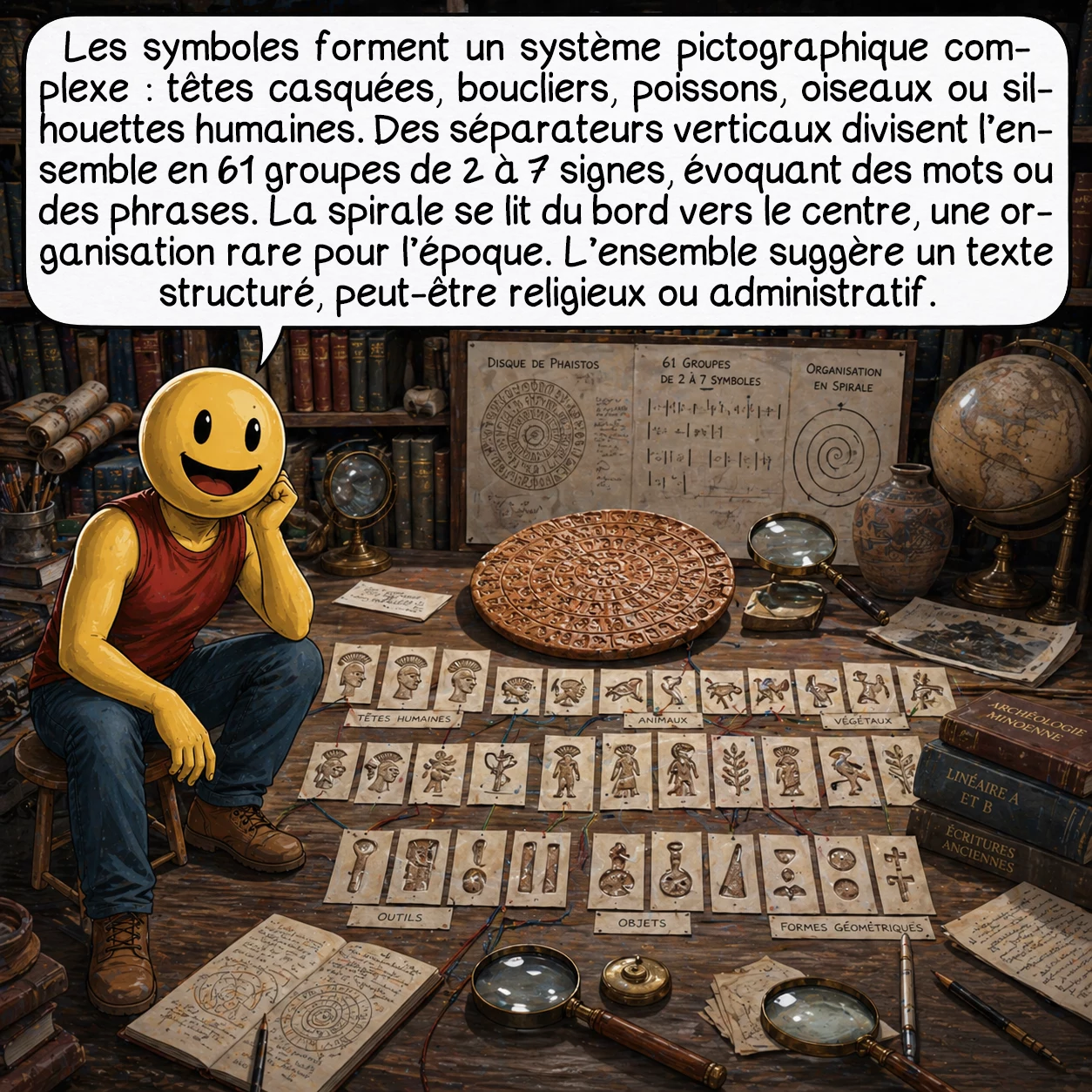 Le disque de Phaistos, case 3 : Les symboles forment un système pictographique sophistiqué : têtes coiffées de casques à crête apparaissant 19 fois, boucliers 17 fois, mais aussi poissons, oiseaux, branches d’olivier, silhouettes humaines en marche, et même ce qui ressemble à un enfant. Les séparateurs verticaux divisent le texte en 61 groupes de 2 à 7 symboles, suggérant des mots ou phrases. La spirale commence du bord extérieur vers le centre, organisation inhabituelle pour l’époque. Cette disposition et la variété des symboles évoquent un texte narratif structuré, peut-être religieux ou administratif.