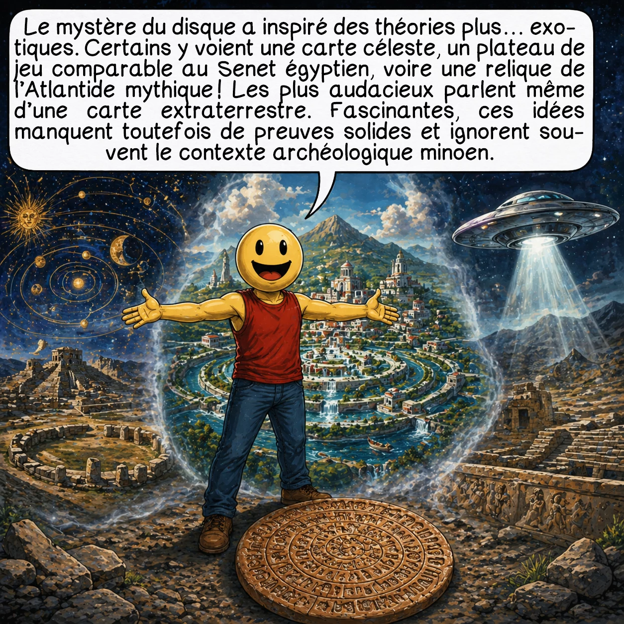 Le disque de Phaistos, case 5 : Le mystère du disque a inspiré des théories plus… exotiques. Certains y voient une carte céleste astronomique, un plateau de jeu ancien comparable au Senet égyptien, voire une relique de l’Atlantide mythique ! Les plus audacieux proposent même une carte de navigation interstellaire laissée par des visiteurs extraterrestres. D’autres imaginent un calendrier lunaire ou solaire codé. Ces idées fascinantes, nourries par notre désir de mystère, manquent cruellement de preuves concrètes et ignorent généralement le contexte archéologique minoen bien documenté.