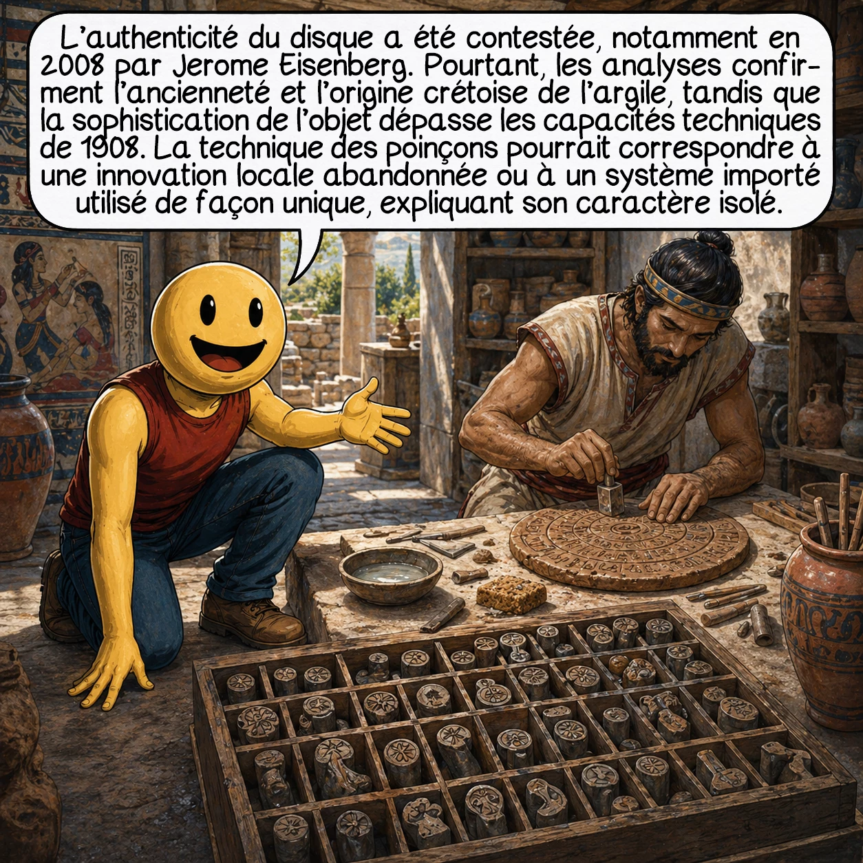 Le disque de Phaistos, case 6 : L’authenticité du disque fut contestée, notamment en 2008 par Jerome Eisenberg, qui suggérait une falsification par Pernier lui-même. Cependant, les analyses thermoluminescentes confirment l’ancienneté de l’argile, et la sophistication dépasse les capacités techniques de 1908. L’argile est bien locale à la Crète, écartant l’hypothèse d’importation. La technique des poinçons, révolutionnaire pour l’époque, suggère paradoxalement soit une innovation locale avortée, soit un système importé pour un usage unique et spécifique, expliquant son caractère isolé.