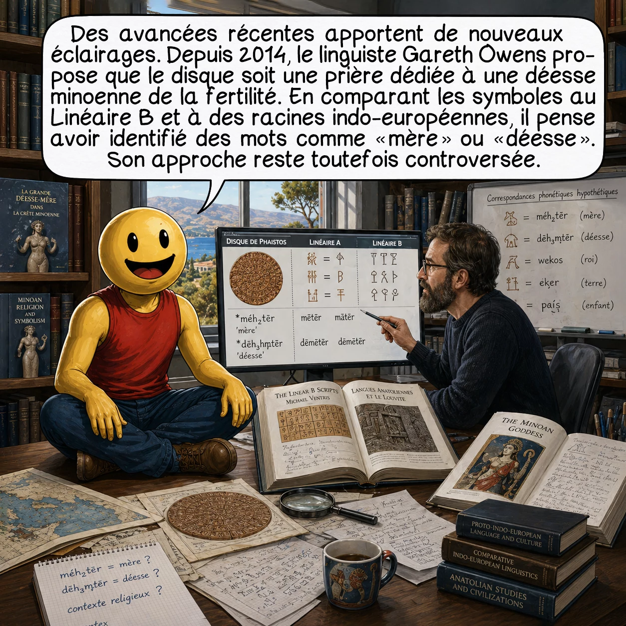 Le disque de Phaistos, case 7 : Des avancées récentes apportent de nouveaux éclairages. Le linguiste Gareth Owens propose depuis 2014 que le disque soit une prière dédiée à une déesse minoenne de la fertilité, peut-être la Grande Déesse-Mère. Utilisant des comparaisons avec le Linéaire B déchiffré et des racines indo-européennes, il suggère avoir identifié certains mots comme « mère » et « déesse ». Son approche phonétique reste controversée, mais ouvre des pistes intéressantes. D’autres chercheurs explorent des connexions avec les langues anatoliennes, notamment le louvite, suggérant des influences culturelles complexes.