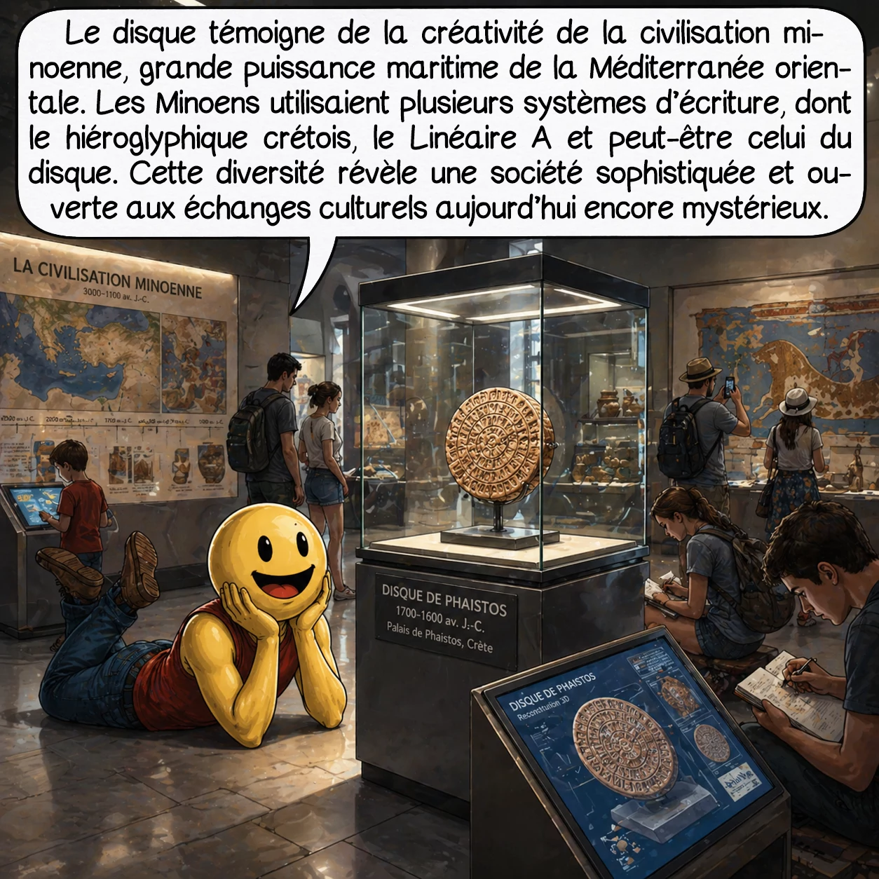 Le disque de Phaistos, case 8 : Le disque témoigne de l’extraordinaire créativité de la civilisation minoenne à son apogée. Cette culture maritime dominait la Méditerranée orientale, excellant dans l’art, le commerce et l’administration complexe. Ils développèrent plusieurs systèmes d’écriture : hiéroglyphique crétois, Linéaire A, et peut-être ce système unique du disque. La coexistence de ces écritures suggère une société multiculturelle et sophistiquée. Le disque pourrait représenter un moment crucial : innovation locale, importation étrangère, ou témoignage d’échanges culturels aujourd’hui oubliés.