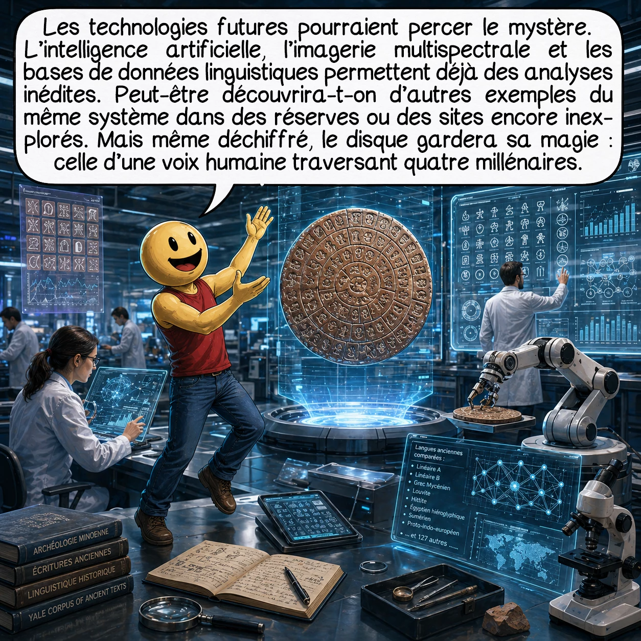 Le disque de Phaistos, case 9 : Les technologies futures pourraient percer le mystère. L’intelligence artificielle analyse déjà des modèles invisibles à l’œil humain. L’imagerie multispectrale révèle des traces effacées. Les bases de données linguistiques mondiales permettent des comparaisons impossibles auparavant. Peut-être découvrirons-nous d’autres exemples du même système, cachés dans des réserves muséales ou des sites non fouillés. La collaboration internationale et les avancées technologiques convergent vers une possible résolution. Mais même déchiffré, le disque gardera sa magie : témoin unique d’une voix humaine traversant quatre millénaires.