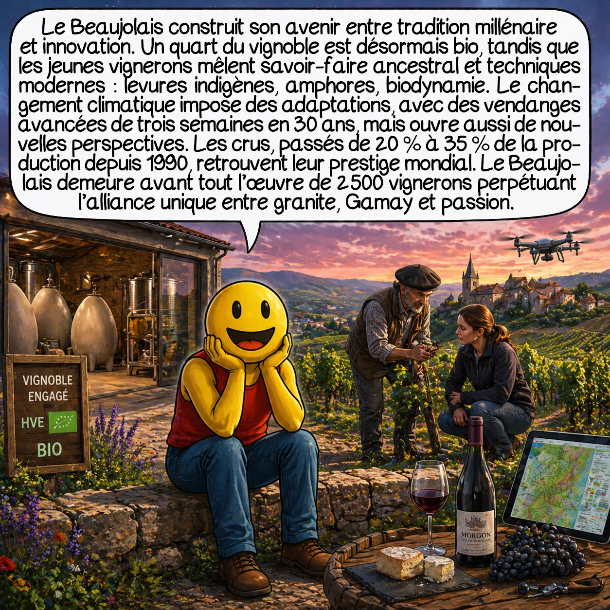 Le Beaujolais, case 10 : Le Beaujolais écrit son futur entre tradition millénaire et innovation constante. 25 % du vignoble est bio, les jeunes vignerons revisitent les méthodes ancestrales avec science moderne : levures indigènes, amphores, biodynamie. Le réchauffement climatique impose des adaptations — vendanges avancées de trois semaines en 30 ans — mais ouvre de nouvelles possibilités. Les crus, représentant 35 % de la production contre 20 % en 1990, retrouvent leurs lettres de noblesse mondiales. Le Beaujolais reste fidèle à son essence : 2 500 vignerons perpétuant l’alchimie unique entre granite, Gamay et passion. Un verre de Beaujolais, c’est l’histoire vivante d’un terroir d’exception.
