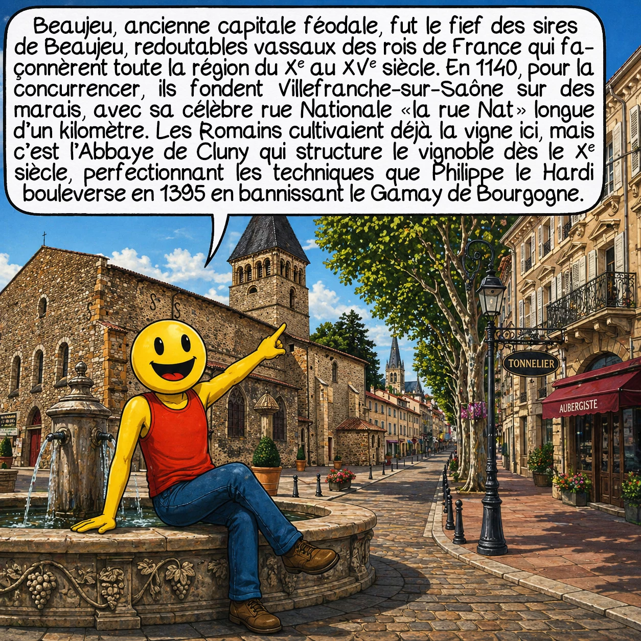 Le Beaujolais, case 2 : Beaujeu, ancienne capitale féodale, fut le fief des puissants sires de Beaujeu, redoutables vassaux des rois de France qui façonnèrent toute la région du Xe au XVe siècle. En 1140, pour la concurrencer, ils fondent Villefranche-sur-Saône sur des marais, devenue capitale actuelle avec sa célèbre rue Nationale — « la rue Nat » — longue d’un kilomètre. Les Romains cultivaient déjà la vigne ici, mais c’est l’Abbaye de Cluny qui structure le vignoble dès le Xe siècle, perfectionnant les techniques que Philippe le Hardi bouleverse en 1395 en bannissant le Gamay de Bourgogne.