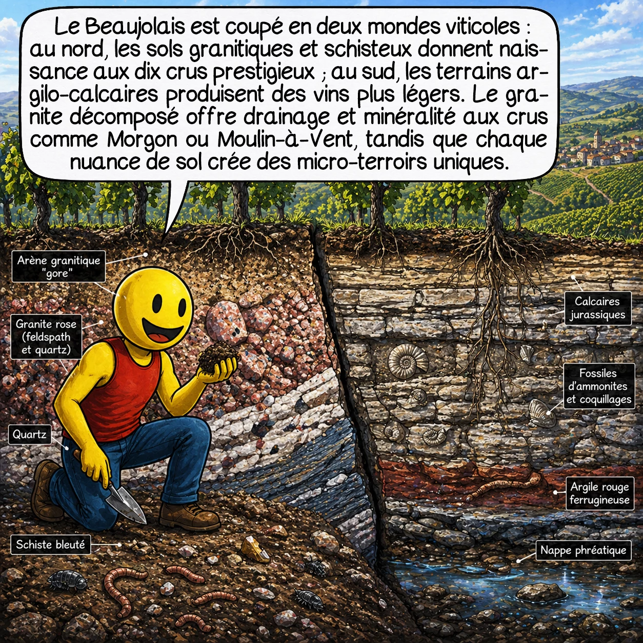 Le Beaujolais, case 3 : Le Beaujolais présente une géologie fascinante coupée en deux : au nord, les sols granitiques et schisteux acides donnent naissance aux dix crus prestigieux. Au sud, les terrains argilo-calcaires du Jurassique produisent des vins plus légers. Cette faille géologique sépare deux mondes viticoles. Le granite décomposé offre drainage parfait et minéralité complexe aux grands crus, comme Morgon ou Moulin-à-vent. Les vignerons exploitent chaque nuance : exposition, altitude, profondeur des sols, créant une mosaïque de micro-terroirs uniques.