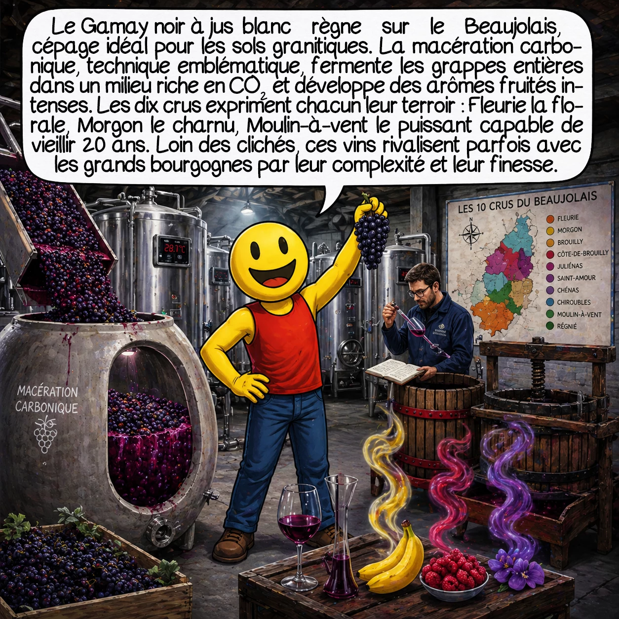 Le Beaujolais, case 4 : Le Gamay noir à jus blanc règne sur le Beaujolais, cépage précoce parfaitement adapté aux sols granitiques. La macération carbonique, technique emblématique, fermente les grappes entières en milieu saturé de CO2, développant ces arômes fruités intenses de bonbon anglais. Les dix crus expriment chaque terroir : Fleurie la florale, Morgon le charnu, Moulin-à-vent le puissant pouvant vieillir 20 ans. Contrairement aux idées reçues, ces vins de garde rivalisent avec les grands bourgognes, révélant avec l’âge complexité et finesse insoupçonnées.
