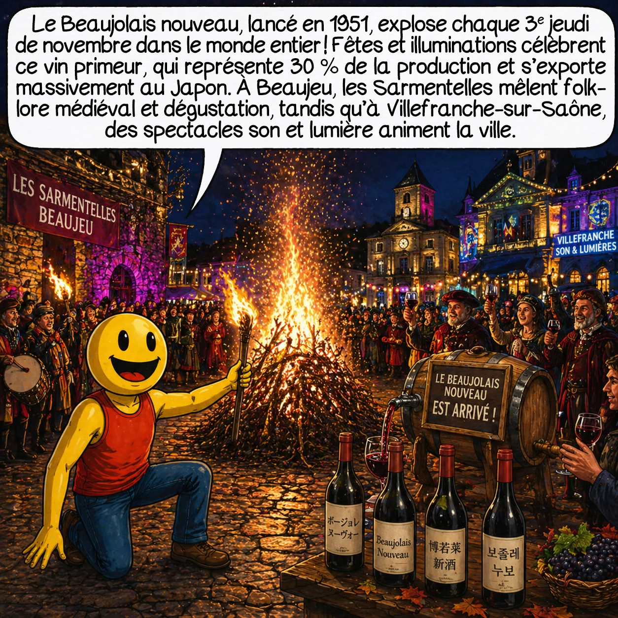 Le Beaujolais, case 5 : Le Beaujolais nouveau, tradition marketing née en 1951, explose le troisième jeudi de novembre dans le monde entier ! À Beaujeu, les Sarmentelles mêlent folklore médiéval et dégustation, tandis qu’à Villefranche, son et lumière illuminent la ville. Ce vin primeur, fruit de macération courte, représente 30 % de la production et s’exporte massivement au Japon, premier importateur mondial. Si cette fête génère 100 millions d’euros et fait connaître la région, elle a longtemps éclipsé les grands crus, poussant les vignerons à une révolution qualitative depuis 2000.