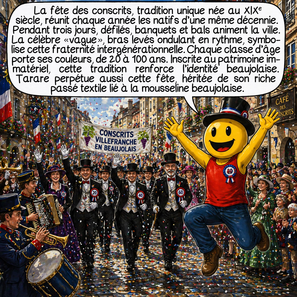 Le Beaujolais, case 6 : La fête des conscrits, tradition unique au monde datant du XIXe siècle, rassemble chaque année les natifs de la même décennie ! Cette conscription festive dure trois jours : défilés, banquets, bals. La « vague », bras levés ondulant en rythme, traverse la ville comme une houle fraternelle. Chaque classe d’âge arbore ses couleurs, de 20 à 100 ans. Cette tradition, inscrite au patrimoine immatériel, renforce les liens intergénérationnels et l’identité beaujolaise. Tarare perpétue aussi cette fête, rappelant son passé industriel textile, prospère quand la mousseline beaujolaise habillait l’Europe.