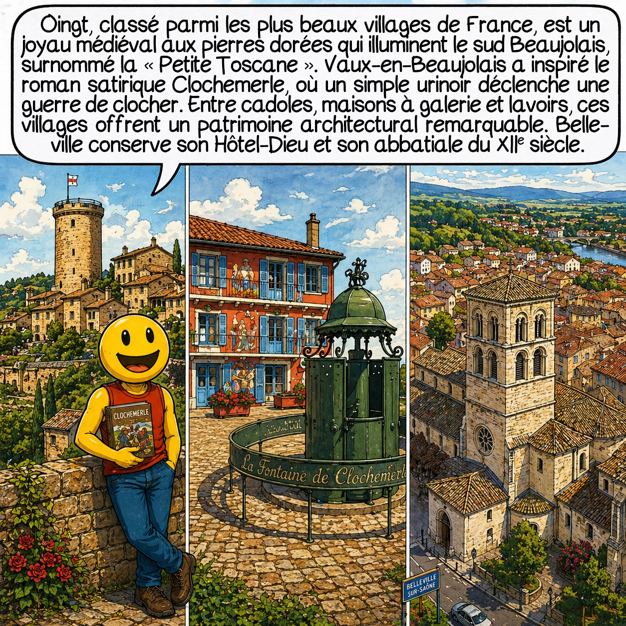 Le Beaujolais, case 7 : Oingt, classé parmi les plus beaux villages de France, est un bijou médiéval aux pierres dorées, ce calcaire ocre extrait localement qui illumine tout le sud Beaujolais, surnommé « Petite Toscane ». Vaux-en-Beaujolais inspire le roman satirique Clochemerle où un urinoir déclenche une guerre de clocher — humour grinçant toujours d’actualité ! Ces villages, avec leurs « cadoles » (cabanes de vigne), maisons à galerie et lavoirs, forment un patrimoine architectural unique. Belleville, trait d’union avec la Saône, préserve son Hôtel-Dieu et son abbatiale du XIIe siècle.