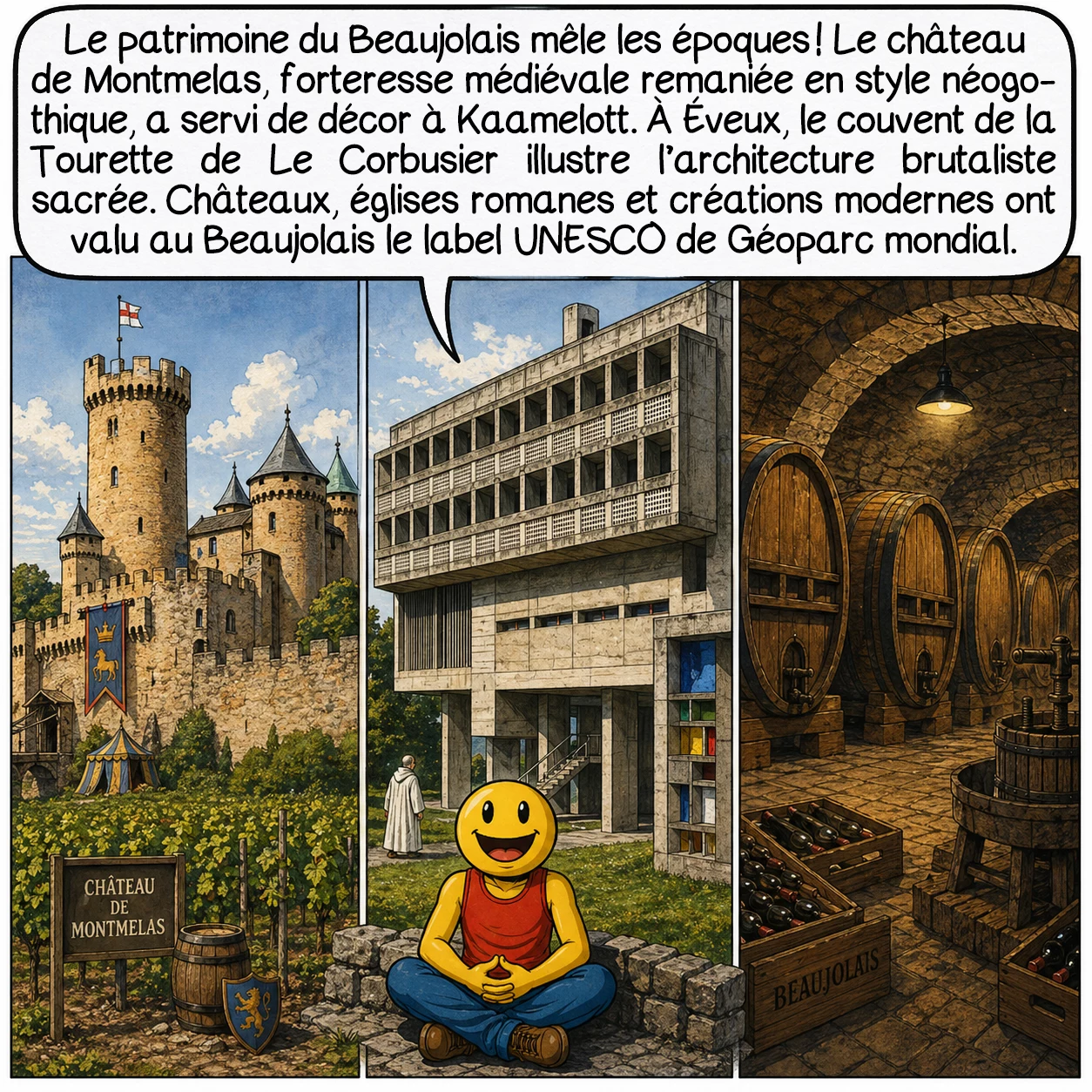 Le Beaujolais, case 8 : Le patrimoine Beaujolais mélange audacieusement les époques ! Le château de Montmelas, forteresse XIIe remaniée en fantaisie néogothique, produit d’excellents vins et accueillit le tournage de Kaamelott. À Éveux, le couvent de la Tourette de Le Corbusier incarne depuis 1959 l’architecture brutaliste au service du sacré — béton radical et lumière mystique. Ces 300 châteaux, églises romanes, et innovations architecturales témoignent d’un territoire constamment réinventé. L’UNESCO considère même le Beaujolais comme Géoparc mondial pour cette richesse patrimoniale et géologique exceptionnelle.