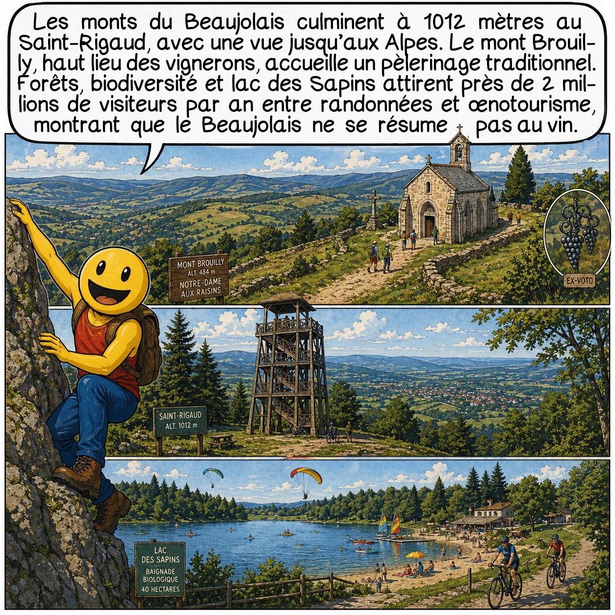 Le Beaujolais, case 9 : Les monts du Beaujolais, véritables gardiens du vignoble, culminent à 1012 mètres au Saint-Rigaud, toit de la région offrant vue jusqu’aux Alpes ! Le mont Brouilly, sacré pour les vignerons, accueille chaque année le pèlerinage traditionnel. Ces hauteurs granitiques, couvertes de forêts, abritent une biodiversité remarquable et le lac des Sapins, baignade biologique géante de 40 hectares. L’écotourisme explose : 2 millions de visiteurs annuels entre œnotourisme, randonnées, marathons du Beaujolais. La nature généreuse complète parfaitement la richesse viticole, prouvant que le Beaujolais ne se limite pas au vin.