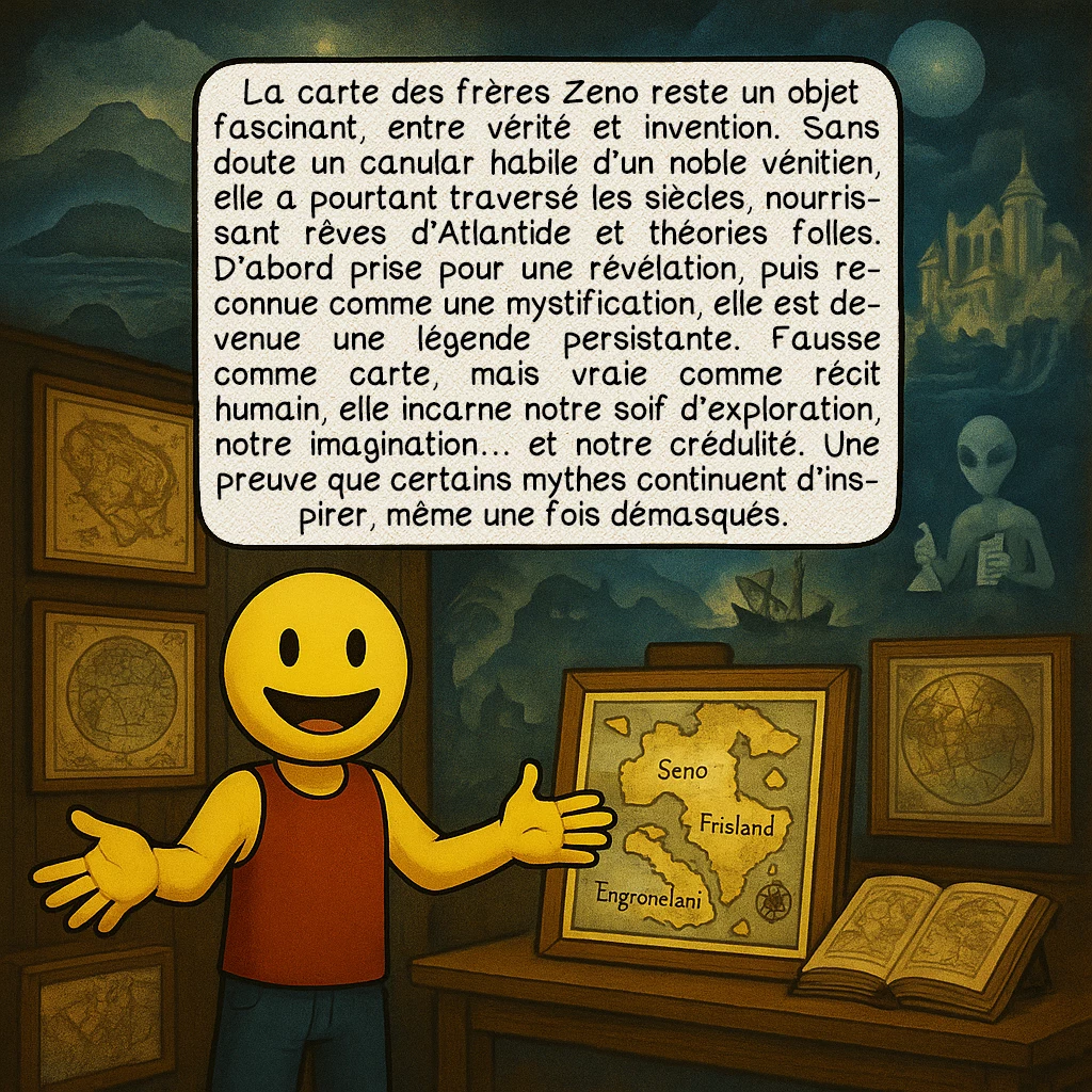La carte des Zeno, case 10 : La carte des frères Zeno reste un objet fascinant, entre vérité et invention. Sans doute un canular habile d’un noble vénitien, elle a pourtant traversé les siècles, nourrissant rêves d’Atlantide et théories folles. D’abord prise pour une révélation, puis reconnue comme une mystification, elle est devenue une légende persistante. Fausse comme carte, mais vraie comme récit humain, elle incarne notre soif d’exploration, notre imagination… et notre crédulité. Une preuve que certains mythes continuent d’inspirer, même une fois démasqués.