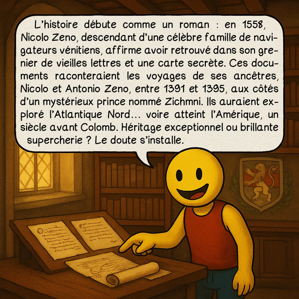 La carte des Zeno, case 2 : L’histoire débute comme un roman : en 1558, Nicolo Zeno, descendant d’une célèbre famille de navigateurs vénitiens, affirme avoir retrouvé dans son grenier de vieilles lettres et une carte secrète. Ces documents raconteraient les voyages de ses ancêtres, Nicolo et Antonio Zeno, entre 1391 et 1395, aux côtés d’un mystérieux prince nommé Zichmni. Ils auraient exploré l’Atlantique Nord… voire atteint l’Amérique, un siècle avant Colomb. Héritage exceptionnel ou brillante supercherie ? Le doute s’installe. »