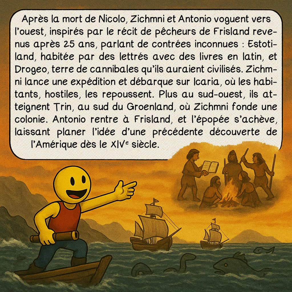 La carte des Zeno, case 4 : Après la mort de Nicolo, Zichmni et Antonio voguent vers l’ouest, inspirés par le récit de pêcheurs de Frisland revenus après 25 ans, parlant de contrées inconnues : Estotiland, habitée par des lettrés avec des livres en latin, et Drogeo, terre de cannibales qu’ils auraient civilisés. Zichmni lance une expédition et débarque sur Icaria, où les habitants, hostiles, les repoussent. Plus au sud-ouest, ils atteignent Trin, au sud du Groenland, où Zichmni fonde une colonie. Antonio rentre à Frisland, et l’épopée s’achève, laissant planer l’idée d’une précédente découverte de l’Amérique dès le XIVᵉ siècle.