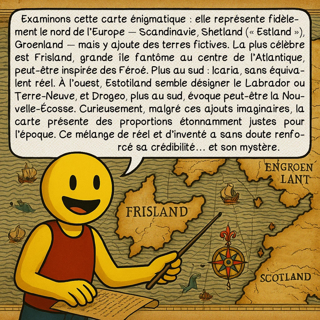 La carte des Zeno, case 5 : Examinons cette carte énigmatique : elle représente fidèlement le nord de l’Europe — Scandinavie, Shetland (« Estland »), Groenland — mais y ajoute des terres fictives. La plus célèbre est Frisland, grande île fantôme au centre de l’Atlantique, peut-être inspirée des Féroé. Plus au sud : Icaria, sans équivalent réel. À l’ouest, Estotiland semble désigner le Labrador ou Terre-Neuve, et Drogeo, plus au sud, évoque peut-être la Nouvelle-Écosse. Curieusement, malgré ces ajouts imaginaires, la carte présente des proportions étonnamment justes pour l’époque. Ce mélange de réel et d’inventé a sans doute renforcé sa crédibilité… et son mystère.