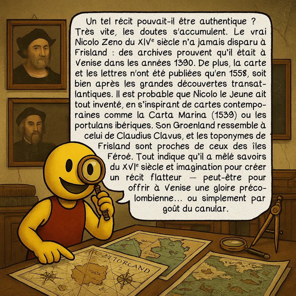 La carte des Zeno, case 6 : Un tel récit pouvait-il être authentique ? Très vite, les doutes s'accumulent. Le vrai Nicolo Zeno du XIVᵉ siècle n’a jamais disparu à Frisland : des archives prouvent qu’il était à Venise dans les années 1390. De plus, la carte et les lettres n'ont été publiées qu'en 1558, soit bien après les grandes découvertes transatlantiques. Il est probable que Nicolo le Jeune ait tout inventé, en s’inspirant de cartes contemporaines comme la Carta Marina (1539) ou les portulans ibériques. Son Groenland ressemble à celui de Claudius Clavus, et les toponymes de Frisland sont proches de ceux des îles Féroé. Tout indique qu’il a mêlé savoirs du XVIᵉ siècle et imagination pour créer un récit flatteur — peut-être pour offrir à Venise une gloire précolombienne… ou simplement par goût du canular.