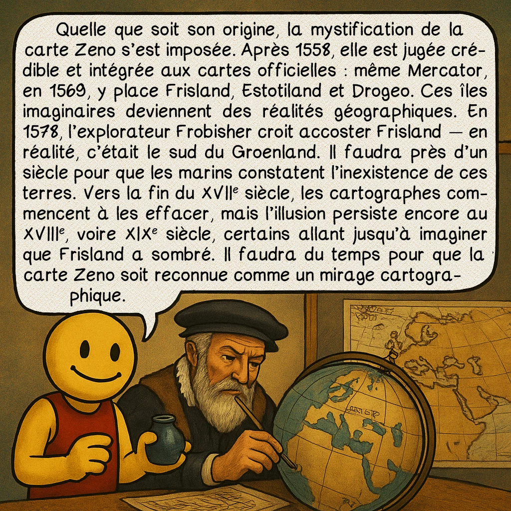 La carte des Zeno, case 7 : Quelle que soit son origine, la mystification de la carte Zeno s’est imposée. Après 1558, elle est jugée crédible et intégrée aux cartes officielles : même Mercator, en 1569, y place Frisland, Estotiland et Drogeo. Ces îles imaginaires deviennent des réalités géographiques. En 1578, l’explorateur Frobisher croit accoster Frisland — en réalité, c’était le sud du Groenland. Il faudra près d’un siècle pour que les marins constatent l’inexistence de ces terres. Vers la fin du XVIIᵉ siècle, les cartographes commencent à les effacer, mais l’illusion persiste encore au XVIIIᵉ, voire XIXᵉ siècle, certains allant jusqu’à imaginer que Frisland a sombré. Il faudra du temps pour que la carte Zeno soit reconnue comme un mirage cartographique.