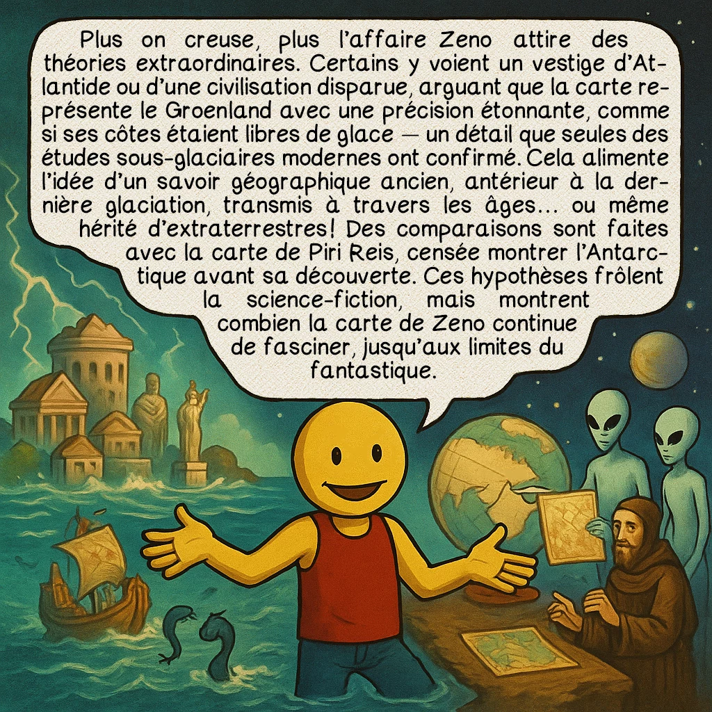 La carte des Zeno, case 9 : Plus on creuse, plus l’affaire Zeno attire des théories extraordinaires. Certains y voient un vestige d’Atlantide ou d’une civilisation disparue, arguant que la carte représente le Groenland avec une précision étonnante, comme si ses côtes étaient libres de glace — un détail que seules des études sous-glaciaires modernes ont confirmé. Cela alimente l’idée d’un savoir géographique ancien, antérieur à la dernière glaciation, transmis à travers les âges… ou même hérité d’extraterrestres ! Des comparaisons sont faites avec la carte de Piri Reis, censée montrer l’Antarctique avant sa découverte. Ces hypothèses frôlent la science-fiction, mais montrent combien la carte de Zeno continue de fasciner, jusqu’aux limites du fantastique.