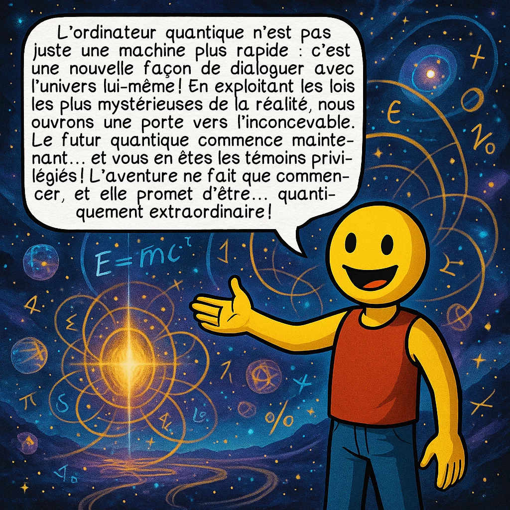 L'ordinateur quantique, case 10 : L’ordinateur quantique n’est pas juste une machine plus rapide : c’est une nouvelle façon de dialoguer avec l’univers lui-même ! En exploitant les lois les plus mystérieuses de la réalité, nous ouvrons une porte vers l’inconcevable. Le futur quantique commence maintenant… et vous en êtes les témoins privilégiés ! L’aventure ne fait que commencer, et elle promet d’être… quantiquement extraordinaire !