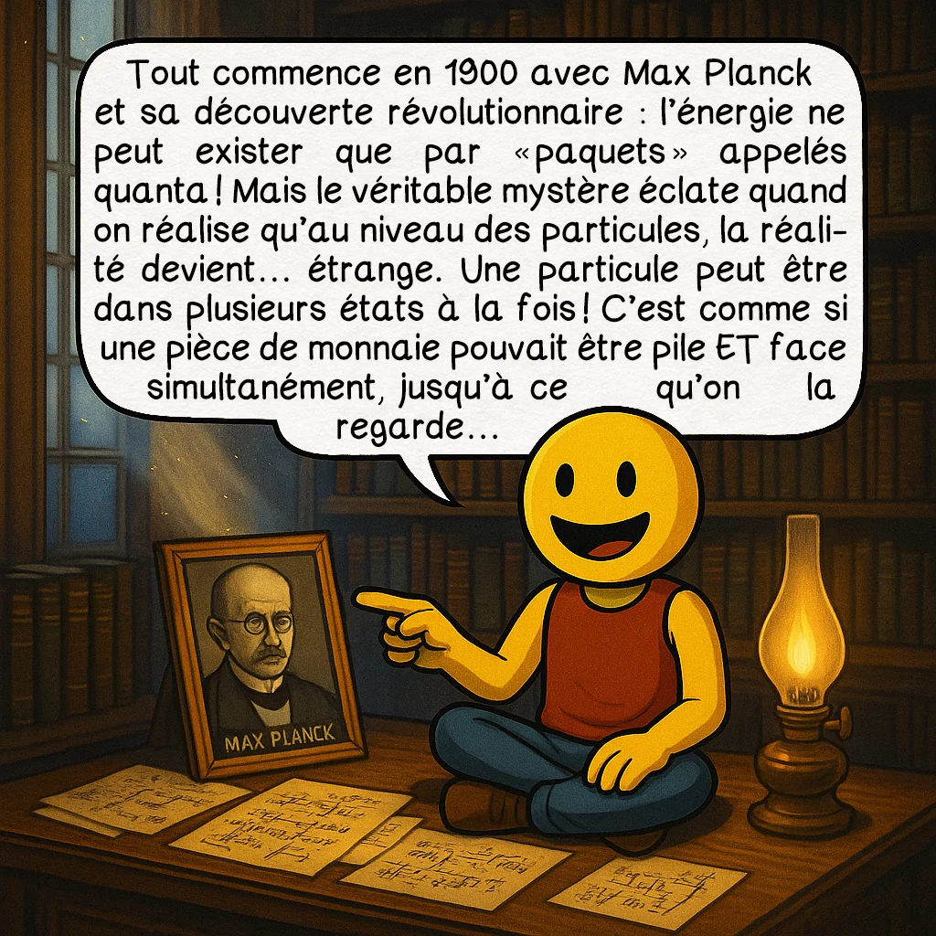 L'ordinateur quantique, case 2 : Tout commence en 1900 avec Max Planck et sa découverte révolutionnaire : l’énergie ne peut exister que par « paquets » appelés quanta ! Mais le véritable mystère éclate quand on réalise qu’au niveau des particules, la réalité devient… étrange. Une particule peut être dans plusieurs états à la fois ! C’est comme si une pièce de monnaie pouvait être pile ET face simultanément, jusqu’à ce qu’on la regarde…