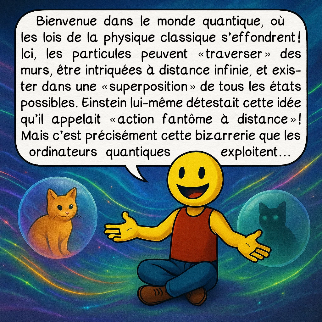 L'ordinateur quantique, case 3 : Bienvenue dans le monde quantique, où les lois de la physique classique s’effondrent ! Ici, les particules peuvent « traverser » des murs, être intriquées à distance infinie, et exister dans une « superposition » de tous les états possibles. Einstein lui-même détestait cette idée qu’il appelait « action fantôme à distance » ! Mais c’est précisément cette bizarrerie que les ordinateurs quantiques exploitent…