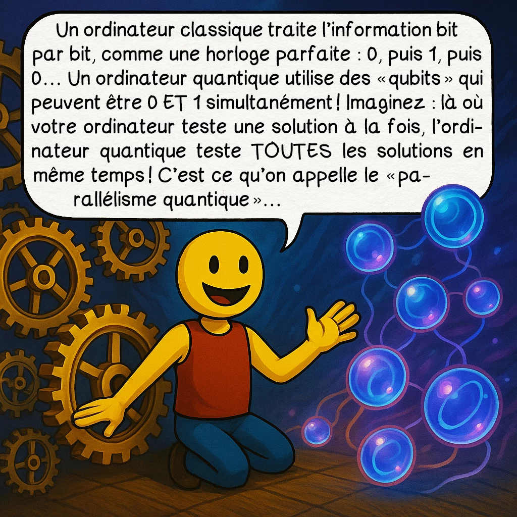 L'ordinateur quantique, case 4 : Un ordinateur classique traite l’information bit par bit, comme une horloge parfaite : 0, puis 1, puis 0… Un ordinateur quantique utilise des « qubits » qui peuvent être 0 ET 1 simultanément ! Imaginez : là où votre ordinateur teste une solution à la fois, l’ordinateur quantique teste TOUTES les solutions en même temps ! C’est ce qu’on appelle le « parallélisme quantique »…