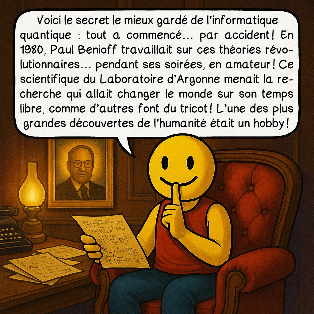 L'ordinateur quantique, case 5 : Voici le secret le mieux gardé de l’informatique quantique : tout a commencé… par accident ! En 1980, Paul Benioff travaillait sur ces théories révolutionnaires… pendant ses soirées, en amateur ! Ce scientifique du Laboratoire d’Argonne menait la recherche qui allait changer le monde sur son temps libre, comme d’autres font du tricot ! L’une des plus grandes découvertes de l’humanité était un hobby !