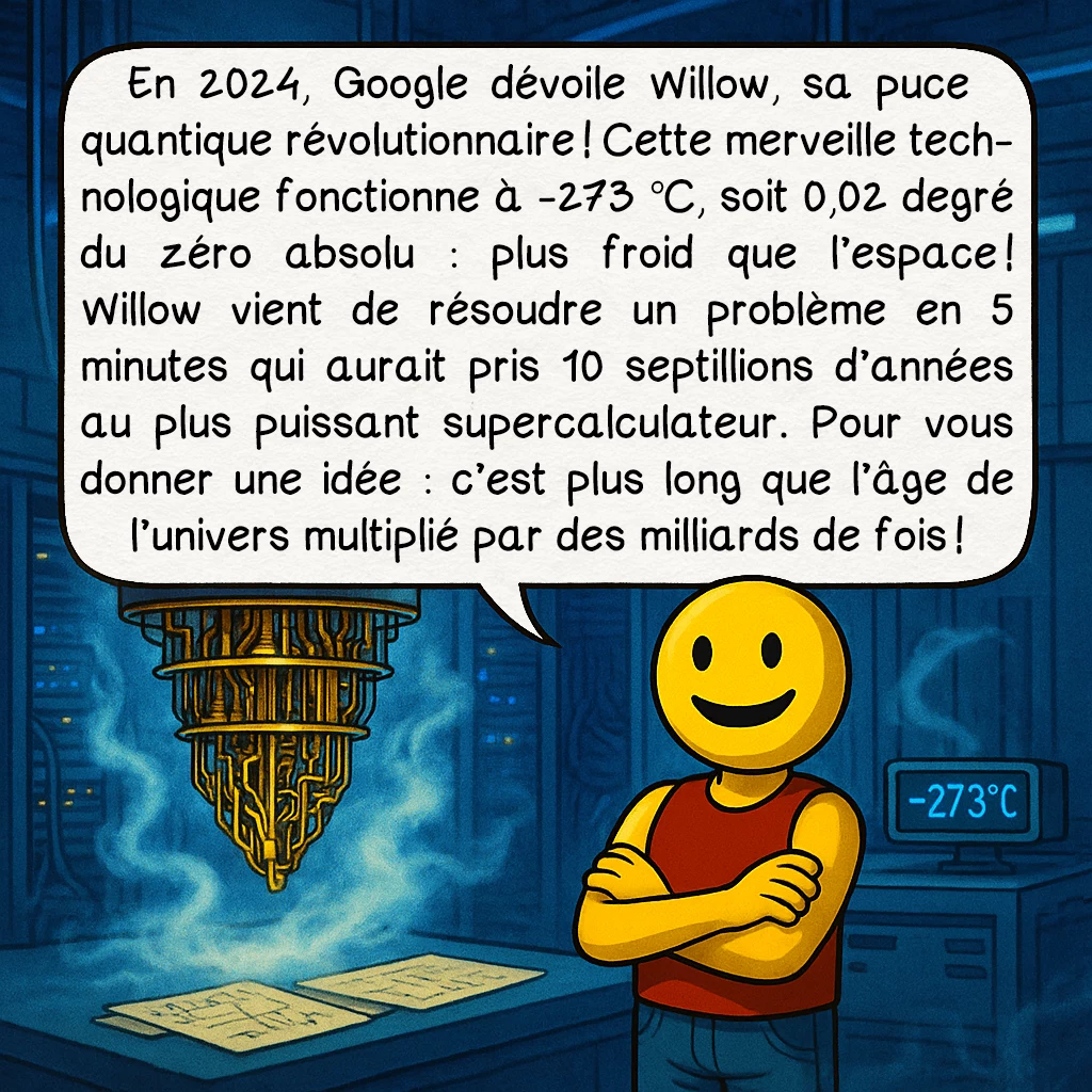 L'ordinateur quantique, case 6 : En 2024, Google dévoile Willow, sa puce quantique révolutionnaire ! Cette merveille technologique fonctionne à -273 °C, soit 0,02 degré du zéro absolu : plus froid que l’espace ! Willow vient de résoudre un problème en 5 minutes qui aurait pris 10 septillions d’années au plus puissant supercalculateur. Pour vous donner une idée : c’est plus long que l’âge de l’univers multiplié par des milliards de fois !