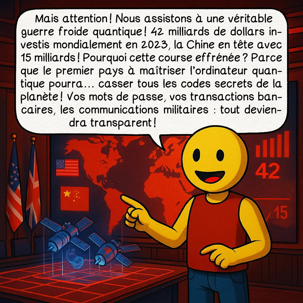 L'ordinateur quantique, case 7 : Mais attention ! Nous assistons à une véritable guerre froide quantique ! 42 milliards de dollars investis mondialement en 2023, la Chine en tête avec 15 milliards ! Pourquoi cette course effrénée ? Parce que le premier pays à maîtriser l’ordinateur quantique pourra… casser tous les codes secrets de la planète ! Vos mots de passe, vos transactions bancaires, les communications militaires : tout deviendra transparent !