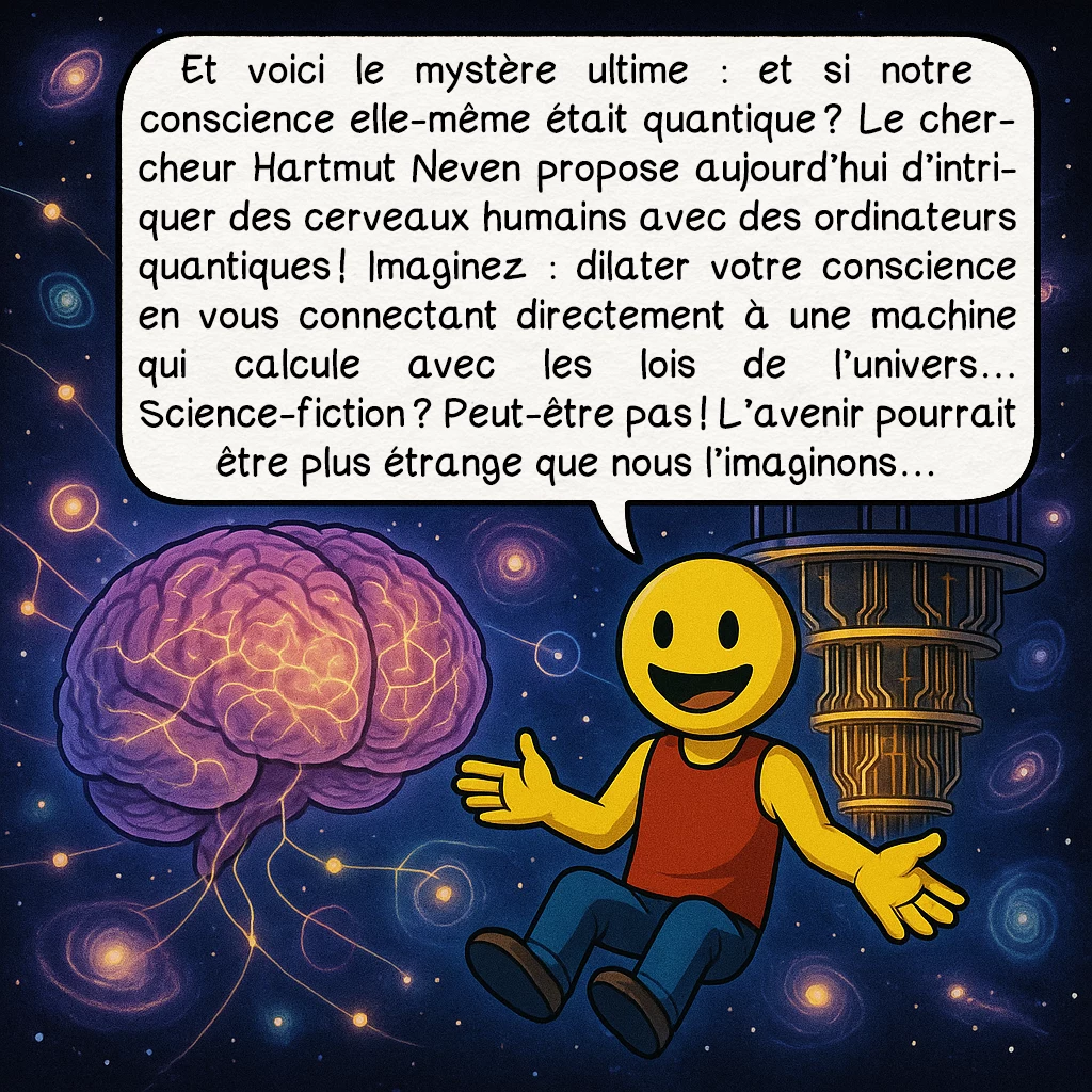 L'ordinateur quantique, case 8 : Et voici le mystère ultime : et si notre conscience elle-même était quantique ? Le chercheur Hartmut Neven propose aujourd’hui d’intriquer des cerveaux humains avec des ordinateurs quantiques ! Imaginez : dilater votre conscience en vous connectant directement à une machine qui calcule avec les lois de l’univers… Science-fiction ? Peut-être pas ! L’avenir pourrait être plus étrange que nous l’imaginons…