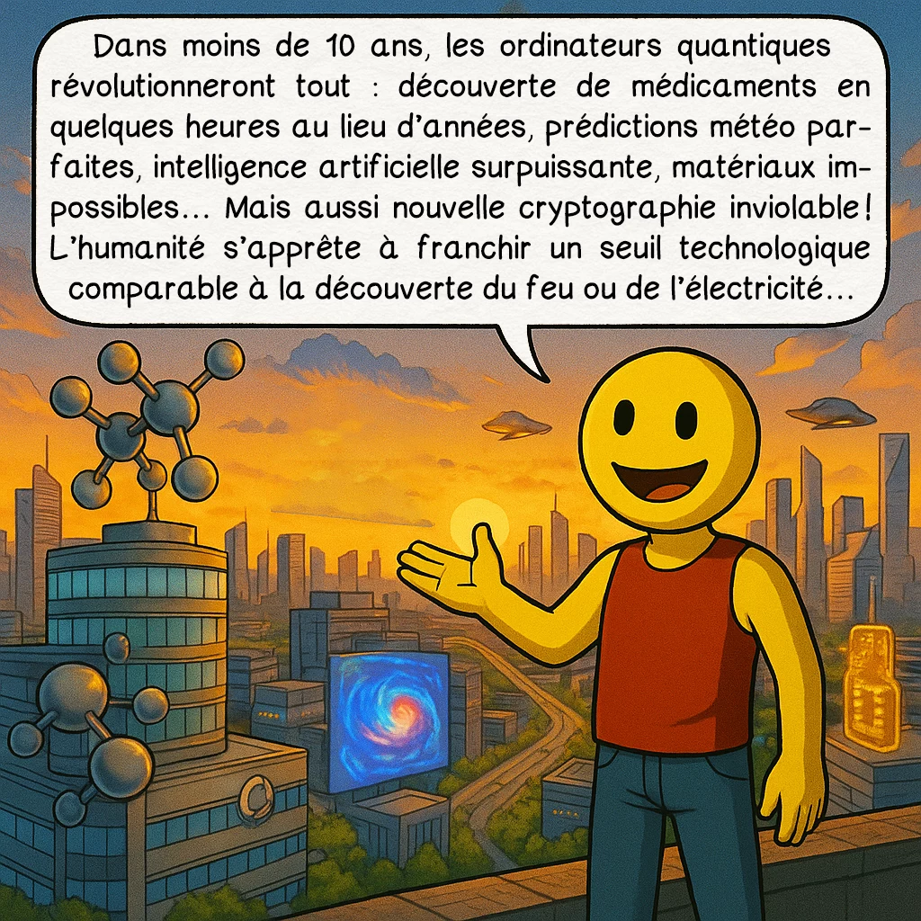 L'ordinateur quantique, case 9 : Dans moins de 10 ans, les ordinateurs quantiques révolutionneront tout : découverte de médicaments en quelques heures au lieu d’années, prédictions météo parfaites, intelligence artificielle surpuissante, matériaux impossibles… Mais aussi nouvelle cryptographie inviolable ! L’humanité s’apprête à franchir un seuil technologique comparable à la découverte du feu ou de l’électricité…