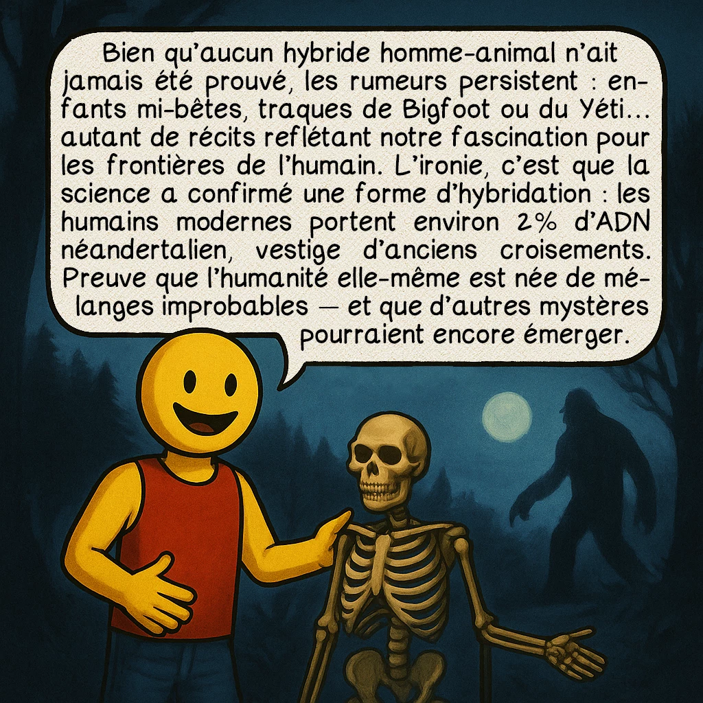 L’hybridation humaine, case 10 : Bien qu’aucun hybride homme-animal n’ait jamais été prouvé, les rumeurs persistent : enfants mi-bêtes, traques de Bigfoot ou du Yéti… autant de récits reflétant notre fascination pour les frontières de l’humain. L’ironie, c’est que la science a confirmé une forme d’hybridation : les humains modernes portent environ 2 % d’ADN néandertalien, vestige d’anciens croisements. Preuve que l’humanité elle-même est née de mélanges improbables — et que d’autres mystères pourraient encore émerger.