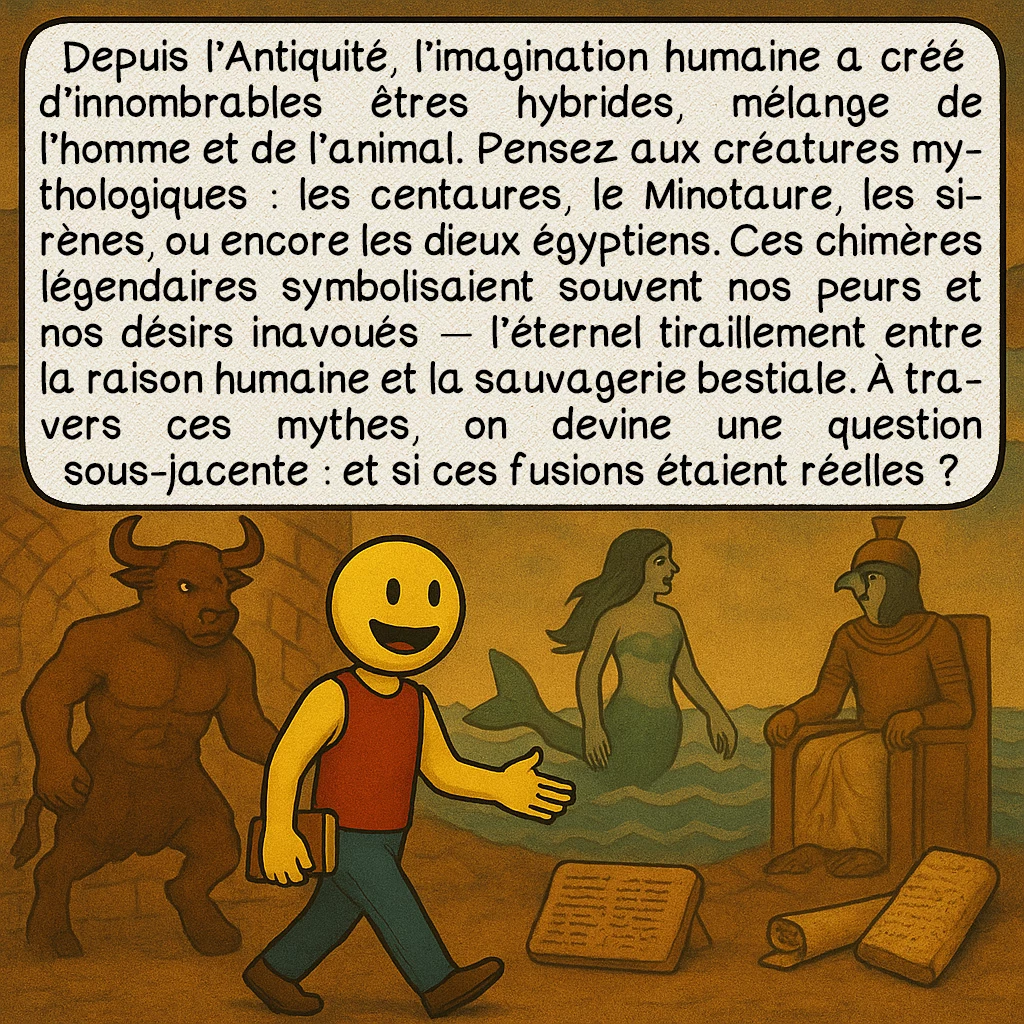L’hybridation humaine, case 2 : Depuis l’Antiquité, l’imagination humaine a créé d’innombrables êtres hybrides, mélange de l’homme et de l’animal. Pensez aux créatures mythologiques : les centaures, le Minotaure, les sirènes, ou encore les dieux égyptiens. Ces chimères légendaires symbolisaient souvent nos peurs et nos désirs inavoués — l’éternel tiraillement entre la raison humaine et la sauvagerie bestiale. À travers ces mythes, on devine une question sous-jacente : et si ces fusions étaient réelles ?